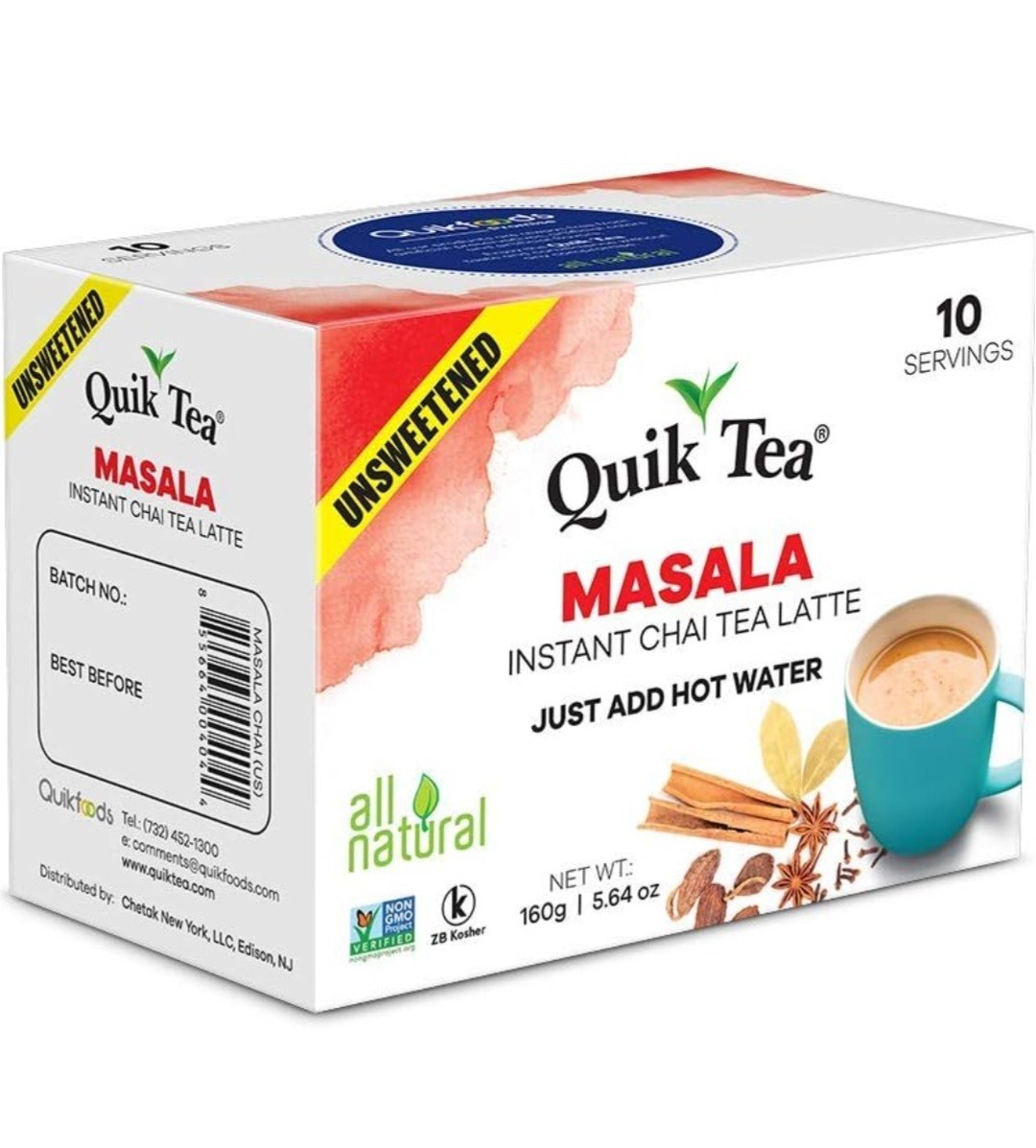 QuikTea Unsweetened Masala Chai Tea Latte – 100 Count (10 Boxes of 10 Each)