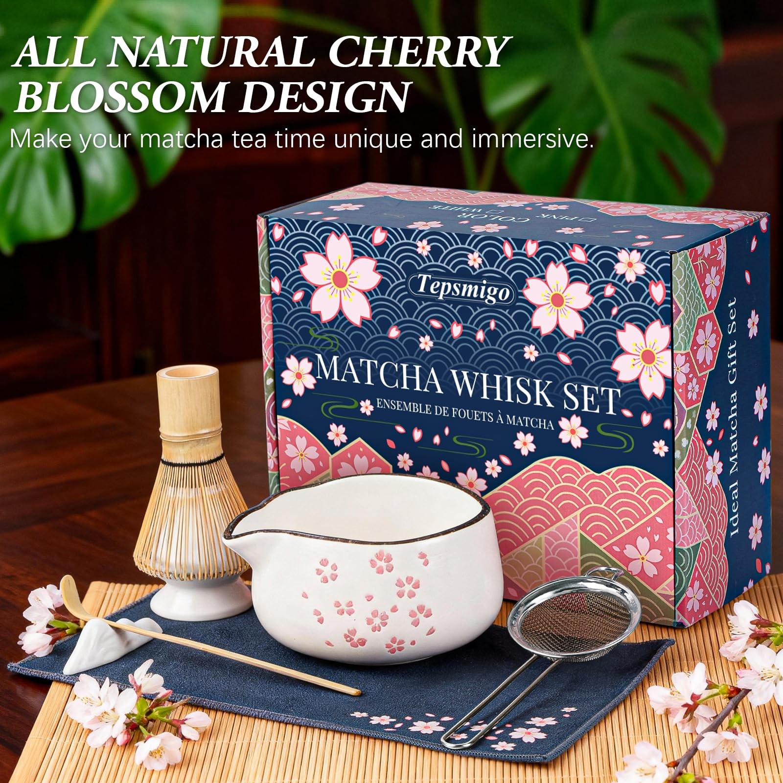Matcha Whisk Set 7 Pc Ceramic Bowl Bamboo Whisk Holder Scoop Sifter Towel