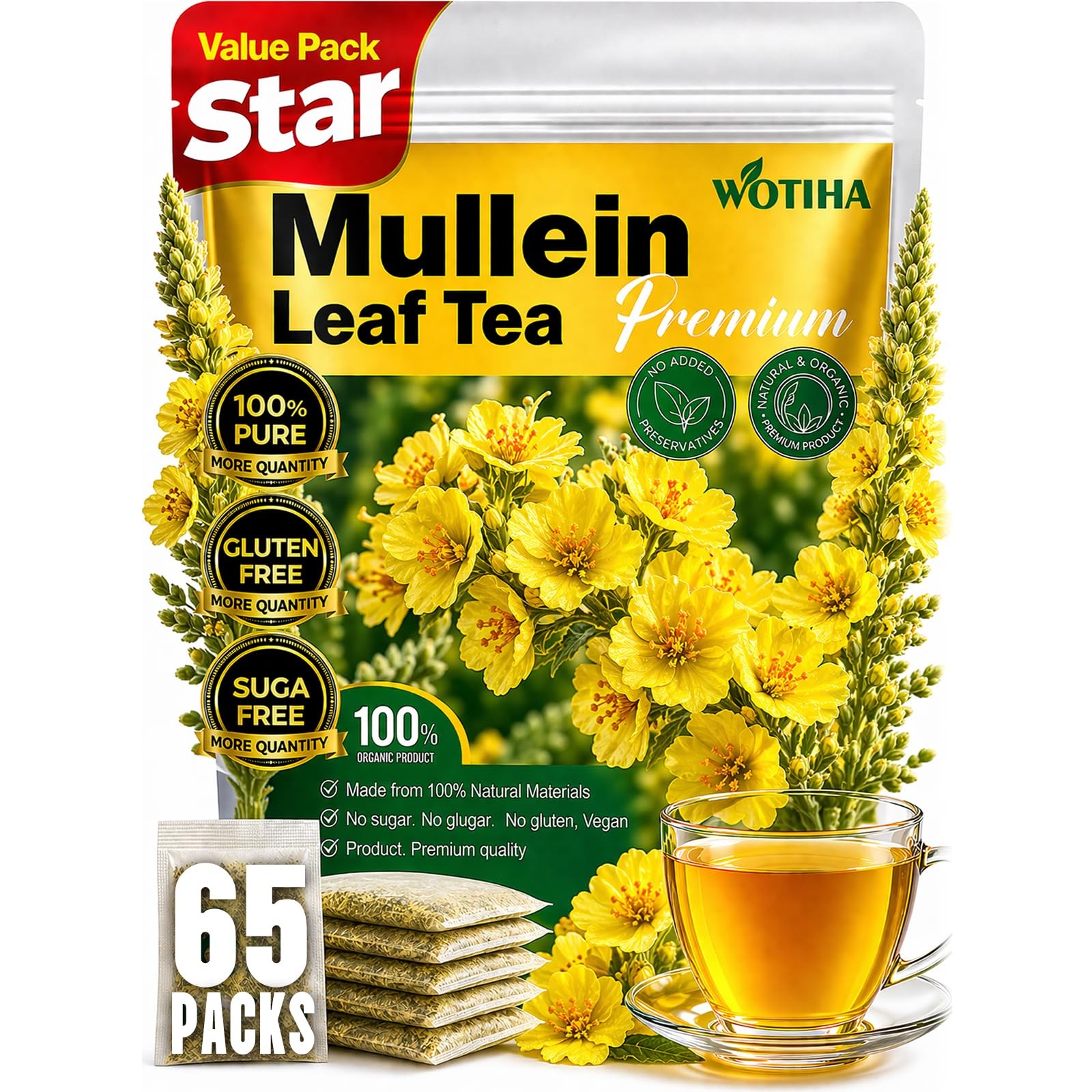 65 Count Value Pack Premium Mullein Leaf Tea Bags – 100% Pure Natural Herbal …