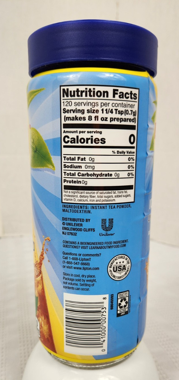 New Lipton Unsweetened Iced Tea Mix Makes 30 Quarts 3 oz Glass Jar Sealed