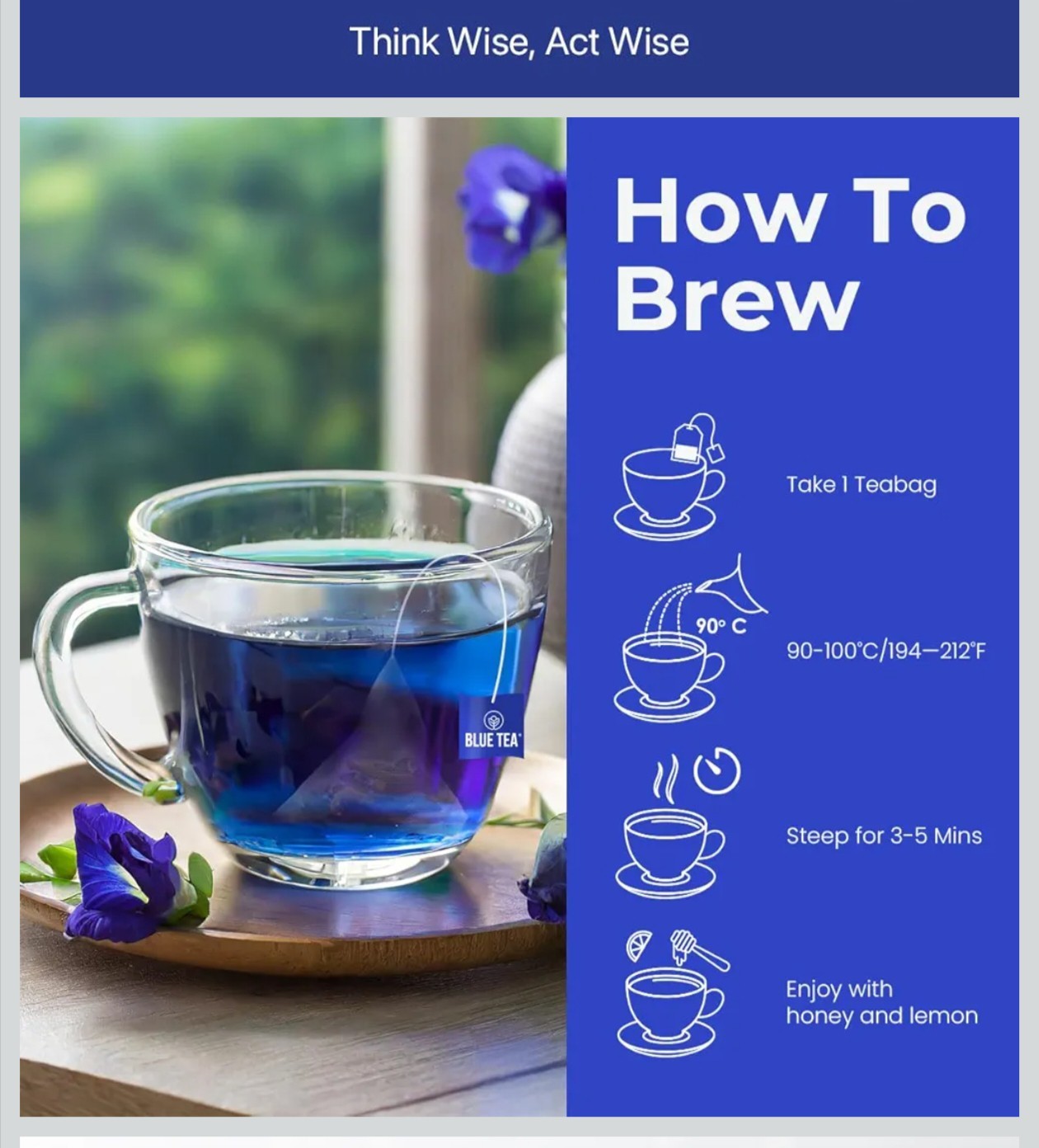 BLUE TEA Butterfly Pea Flower 30 Tea Bags Antioxidant Caffeine Free Detox Herbal