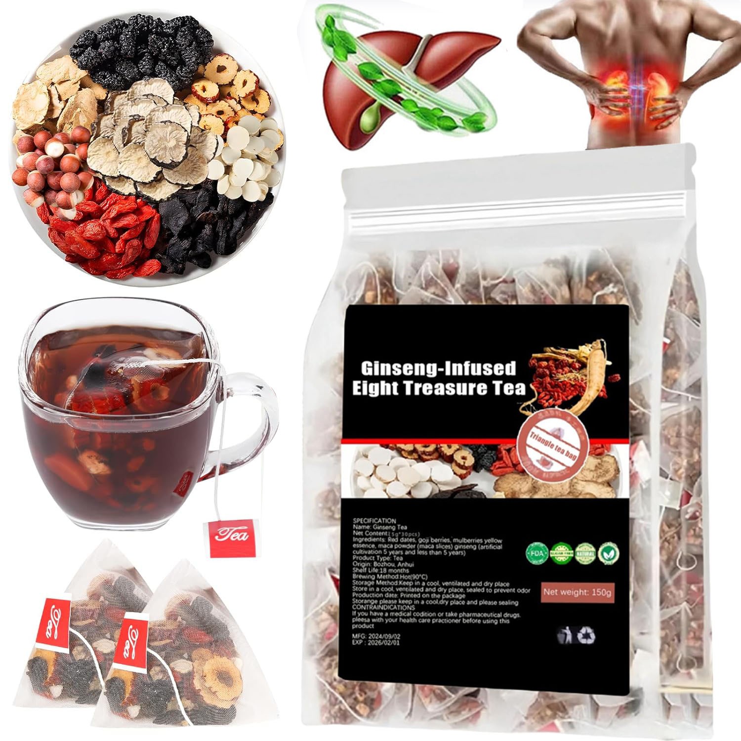 Ginseng Five Treasure Tea – Kidney Support, Red Date Herbal Blend 30-150 bags
