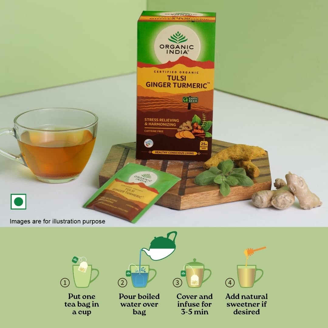Organic India Tulsi Ginger Turmeric Green Tea For Stress & Immuntiy