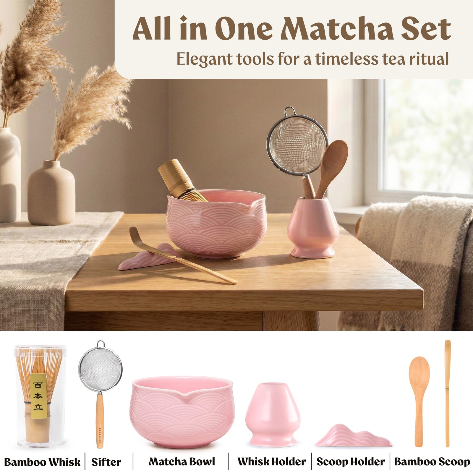 Matcha Kit Whisk Set (7 Pcs) – Complete Matcha Set, Matcha Bowl with Spout, W…