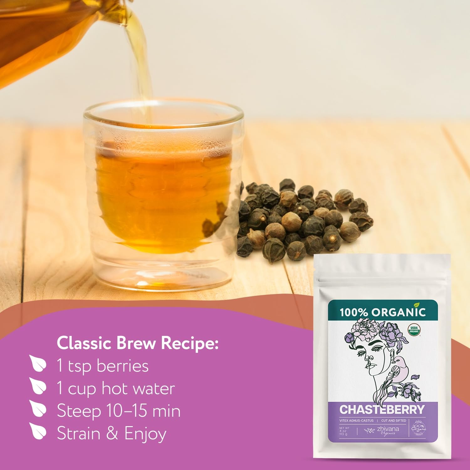 Organic Chasteberry Tea 4 oz Vitex Agnus-castus Herb Chaste Tree Berry for Women