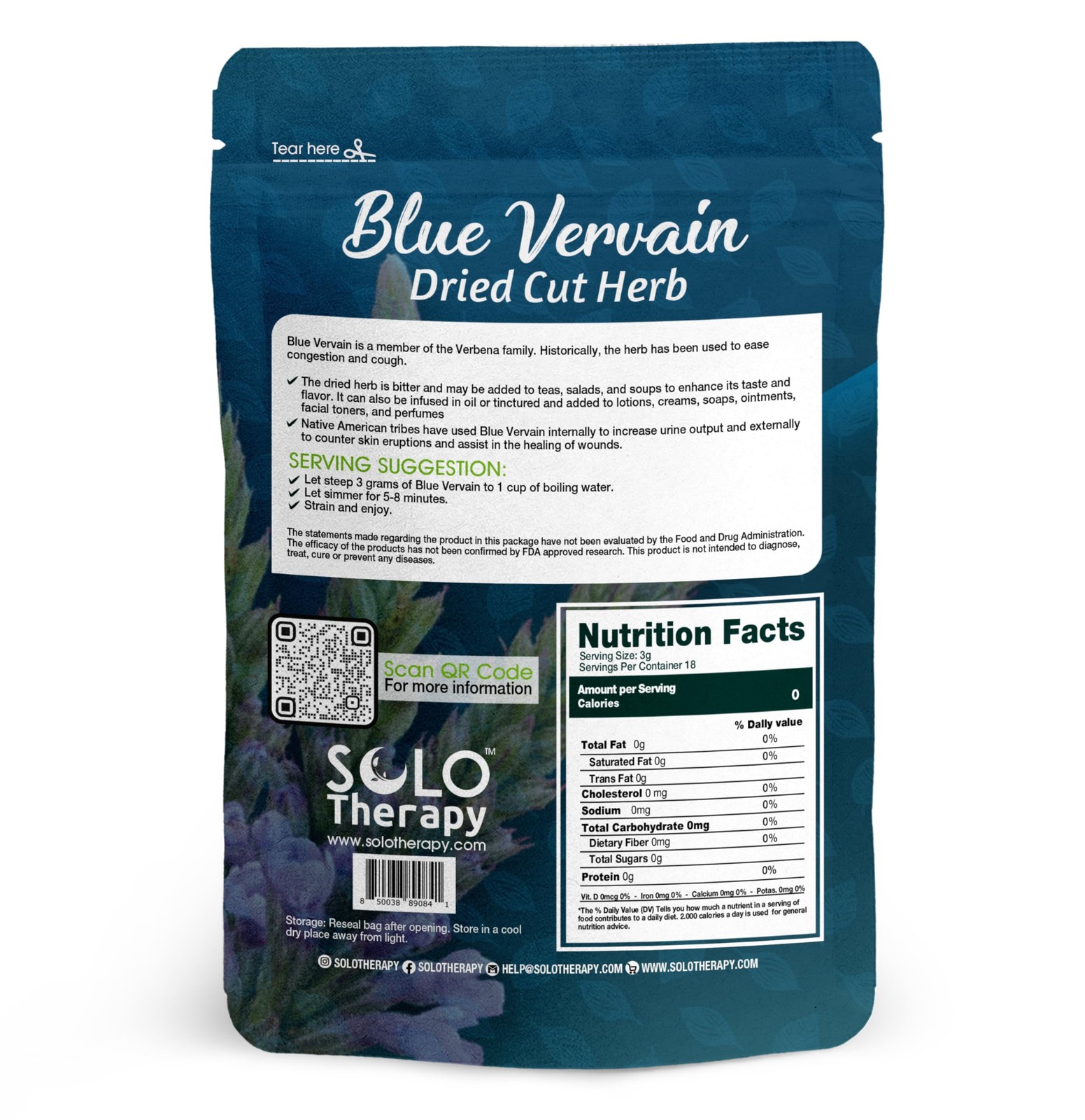 Blue Vervain Herb Cut and Sifted – Resealable Bag – 56 grams – Verbena hastat…