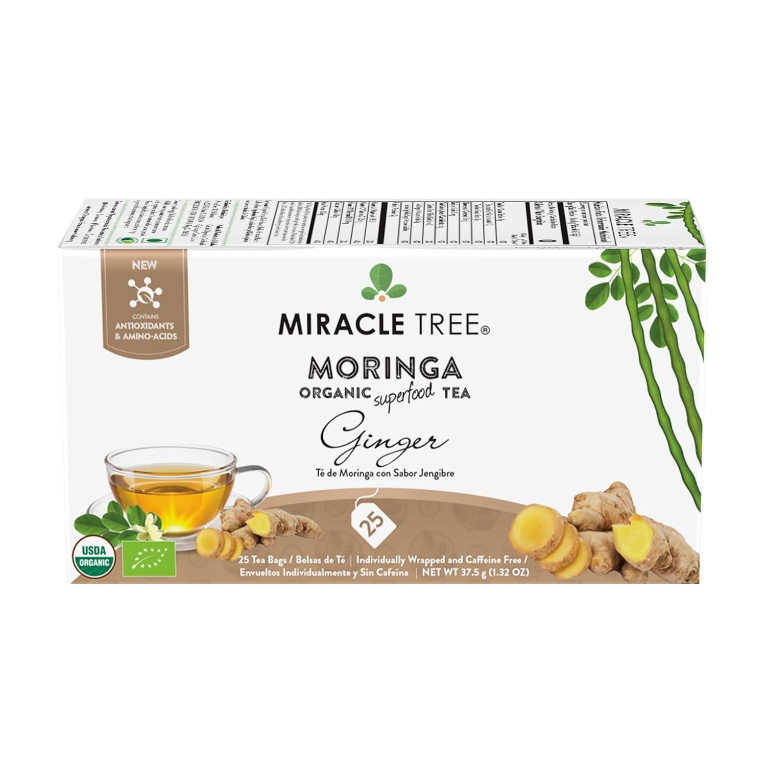 Organic Moringa Tea, 25 Count – Ginger Flavor, Detox & Stress Relief