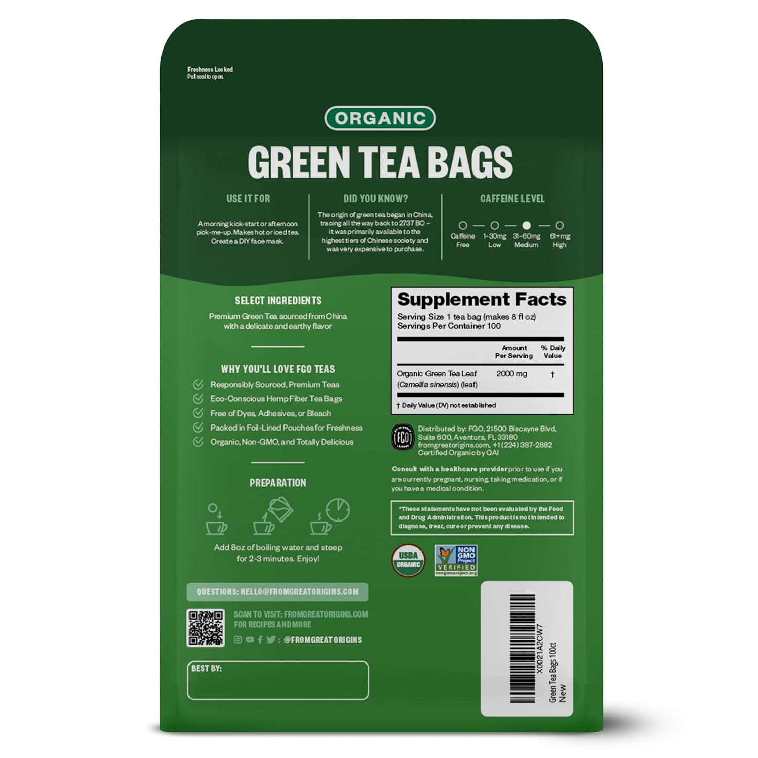FGO Organic Green Tea Bags, Caffeinated, Eco Conscious, Resealable Pouch, 100 Ct