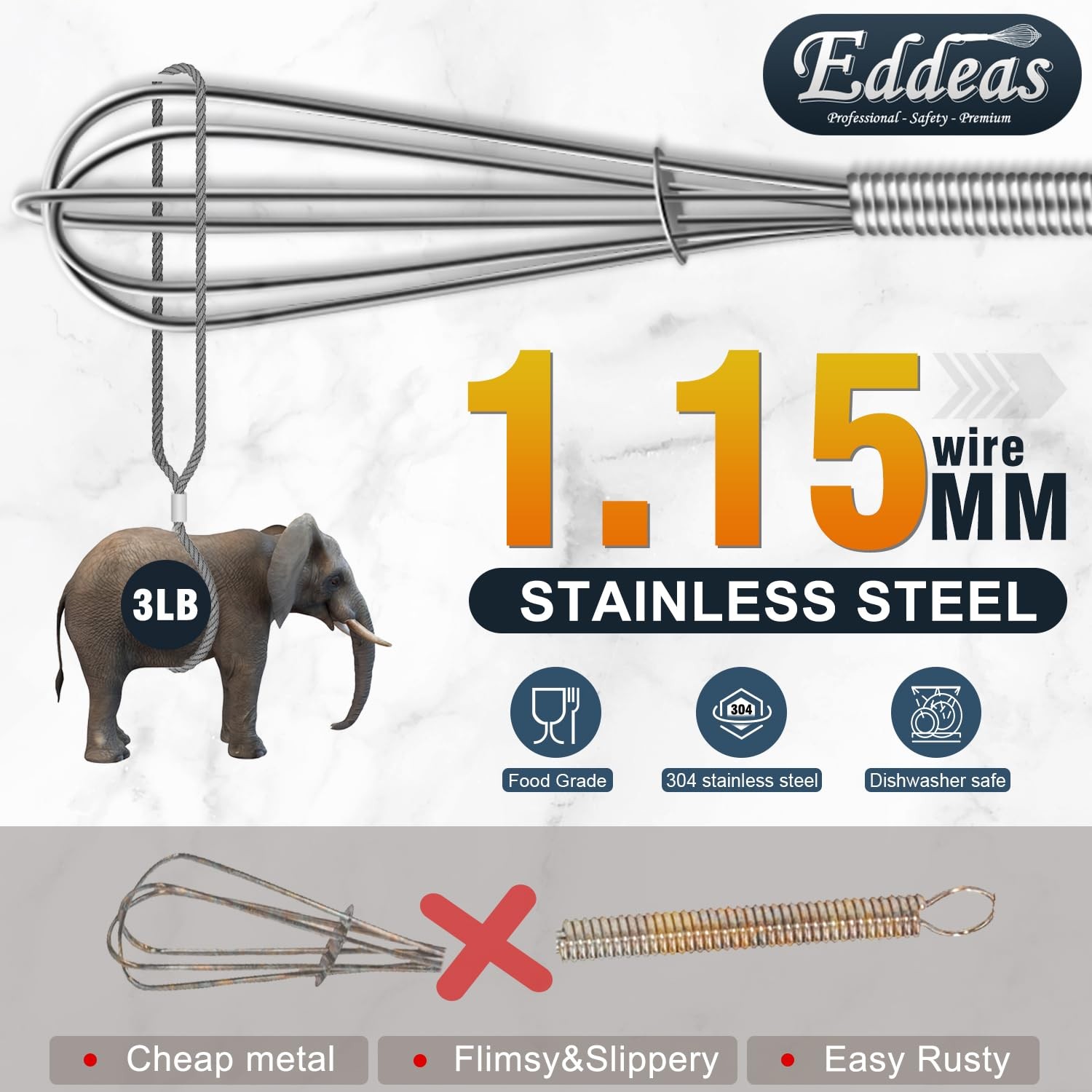 Eddeas Small Whisk Stainless Steel, Mini wire whisk 3 5+6+7 inch, Silver 3Pcs