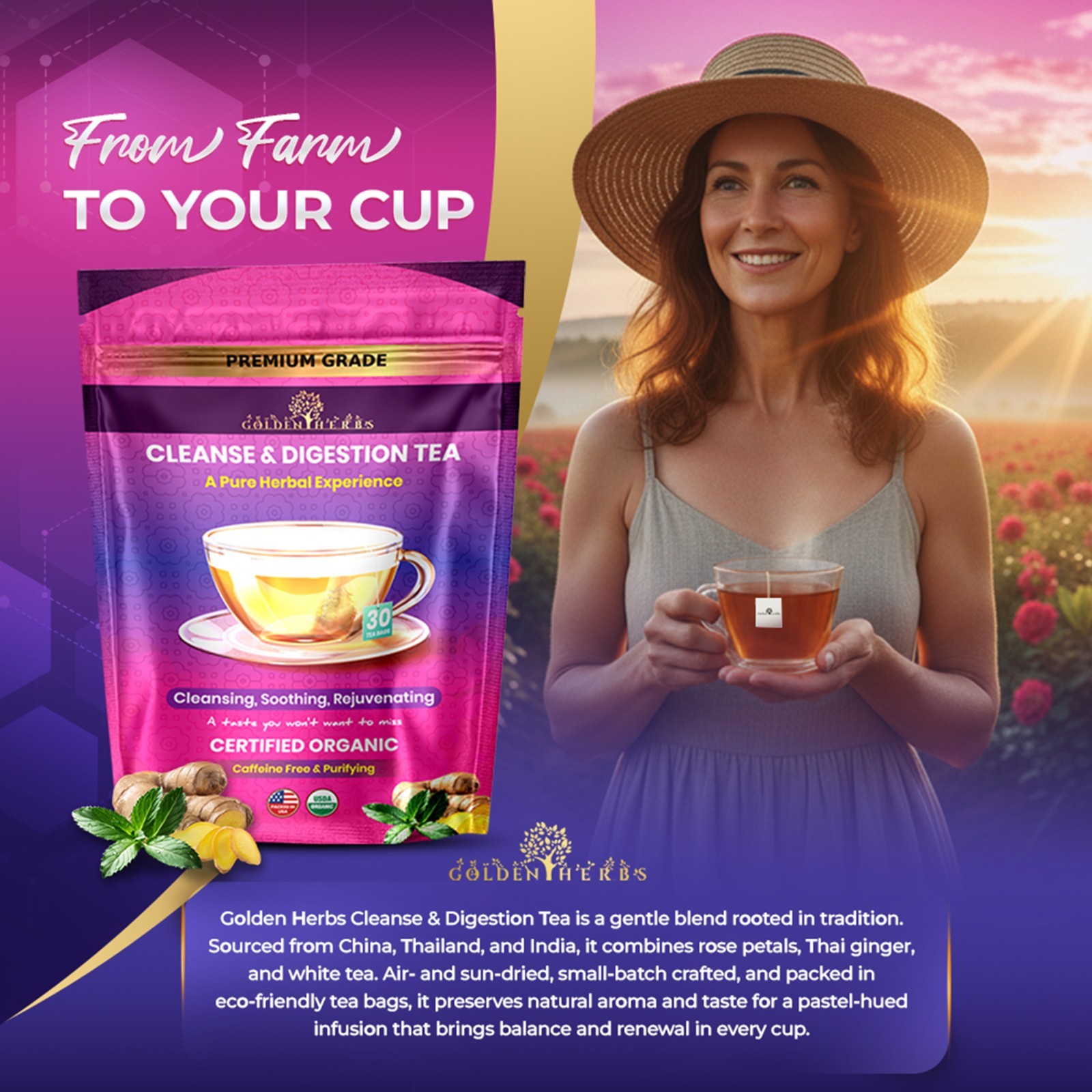 Golden Herbs Cleanse & Digestion Herbal Tea – Natural Detox & Gut Support