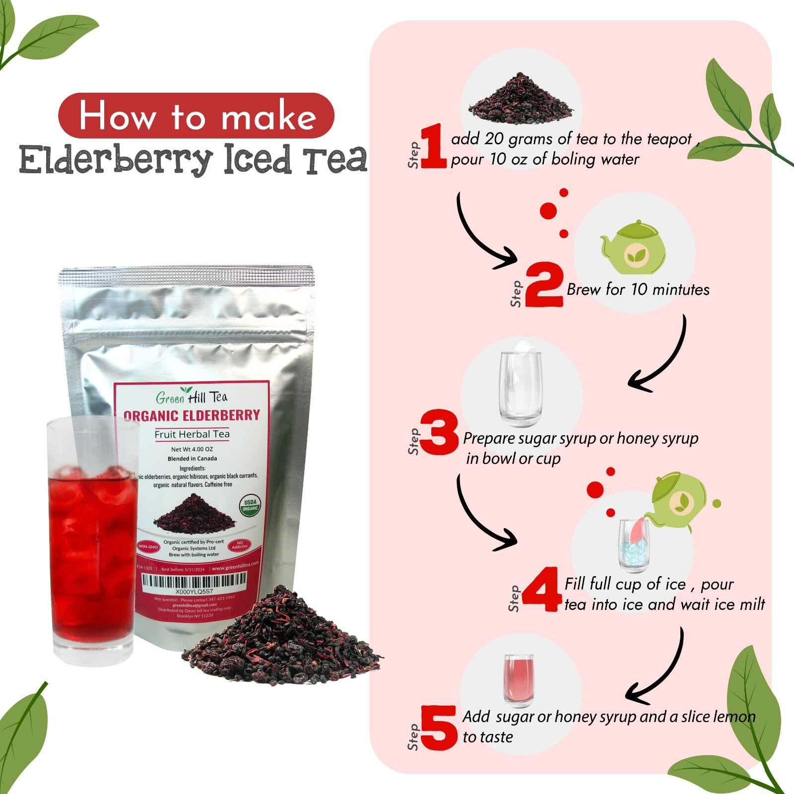 Organic Elderberry Fruit Herbal Tea Immune system boost Hot or Iced Tea 4 OZ