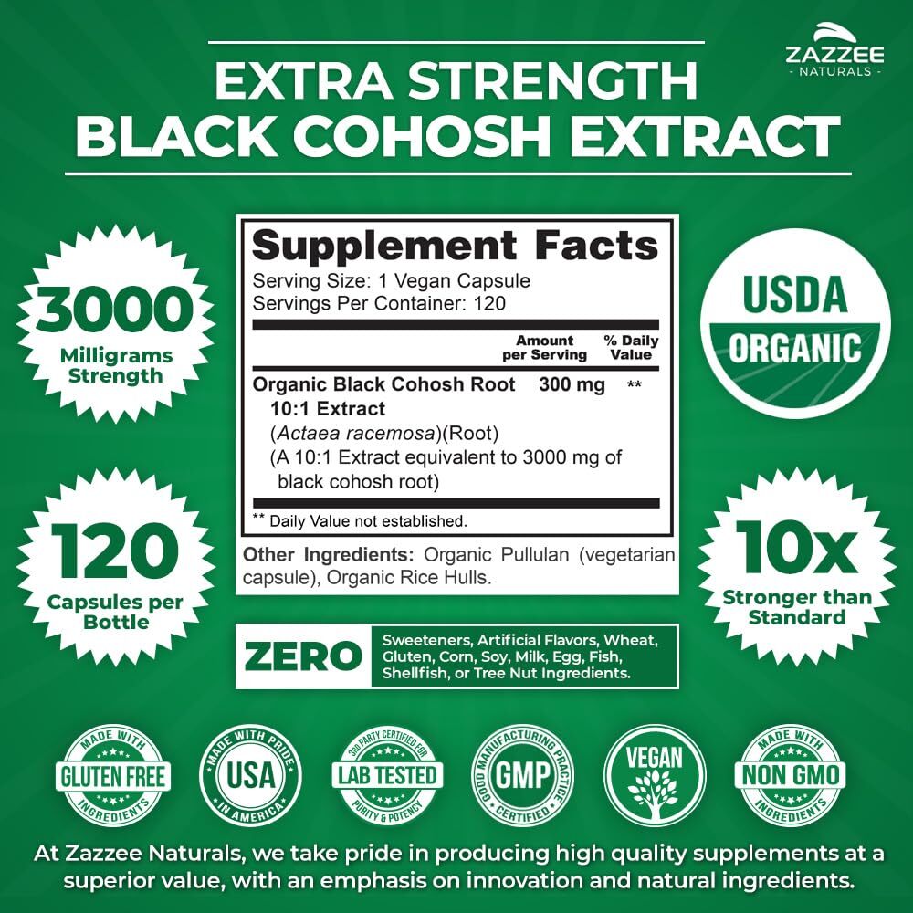 Zazzee Black Cohosh 3000mg 10:1 Extract 120 Vegan Caps Organic USA