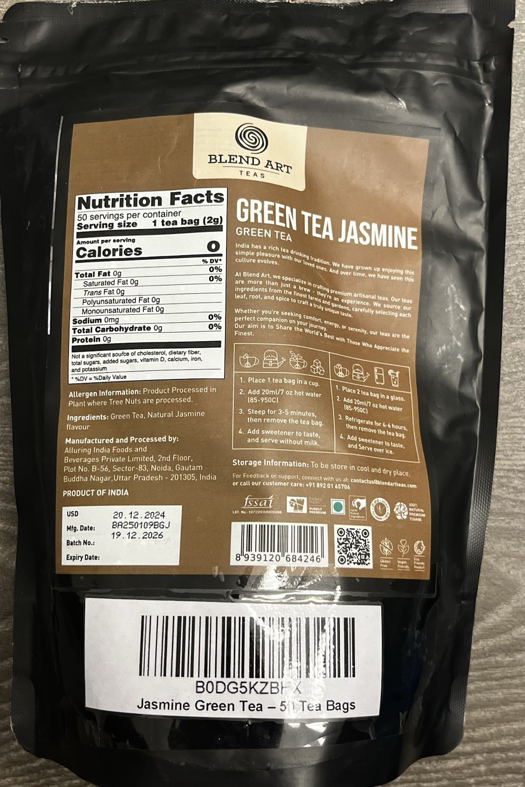 Green Tea Jasmine 50 Tea Bags Contains Caffeine Natural Flavor Indian