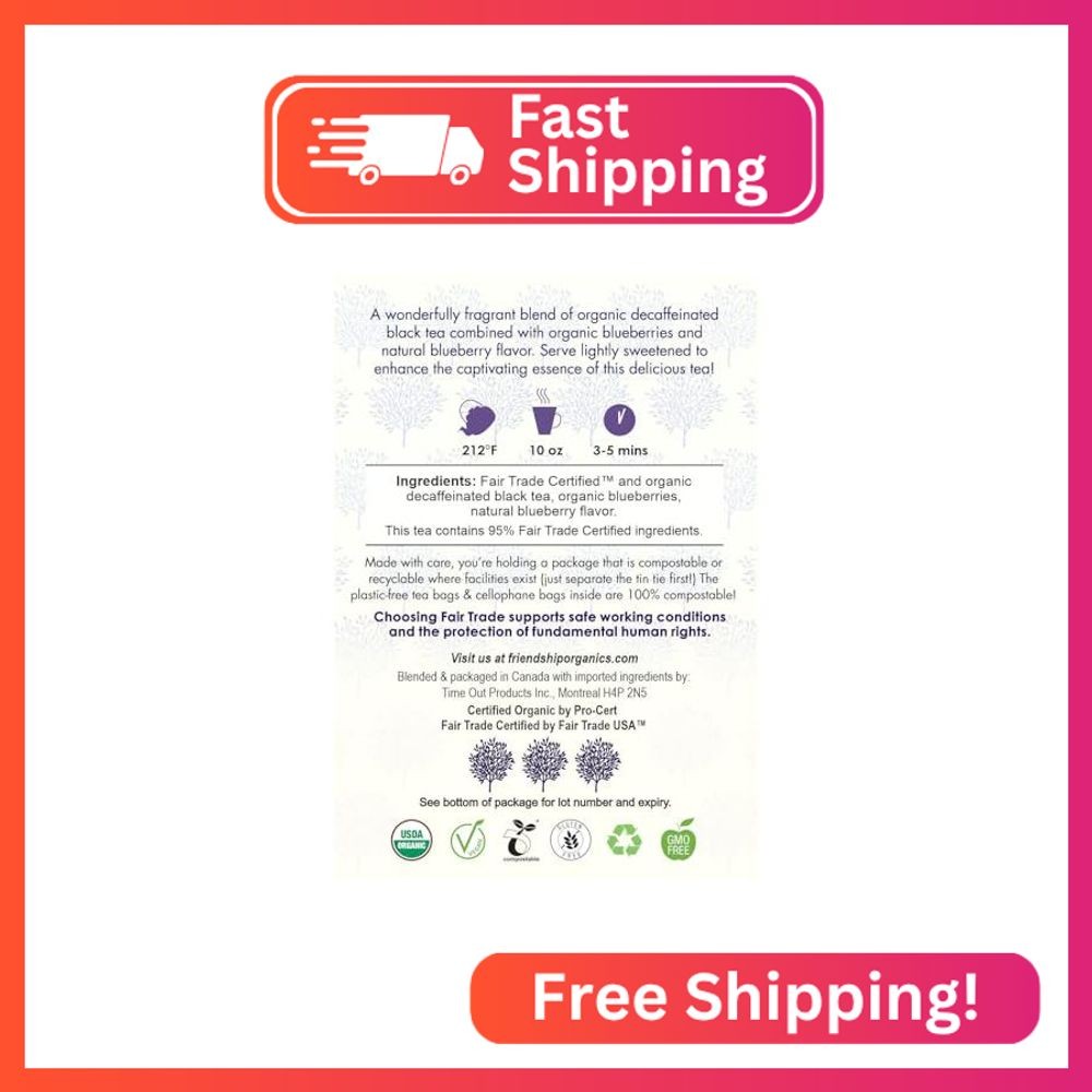 Friendship Organics Blueberry Decaf Tea Bags, Organic and Fair Trade 36 Count
