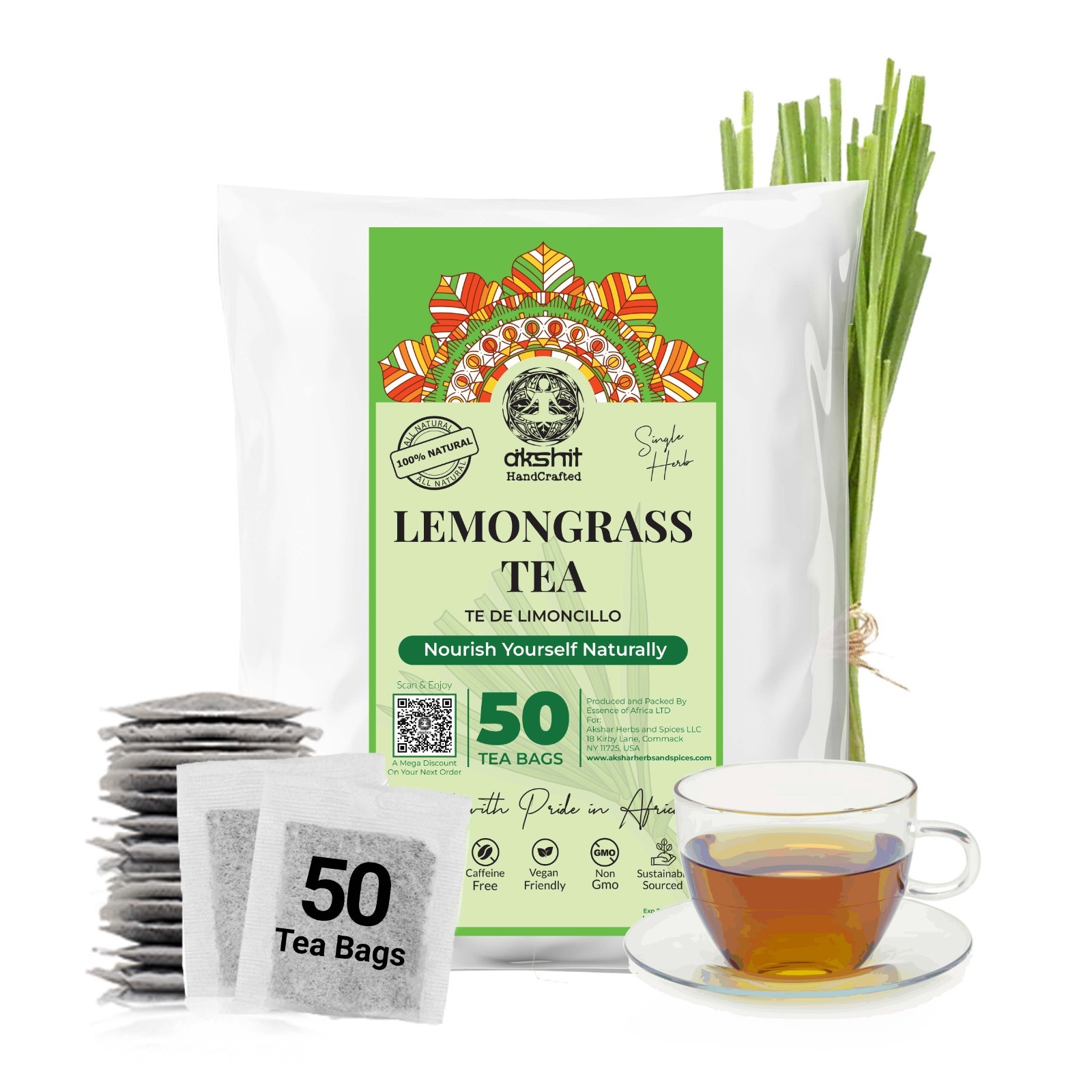 Premium 50 Lemongrass Tea Bags, 100 Natural Lemongrass Herbal Tea, Caffeine-Free
