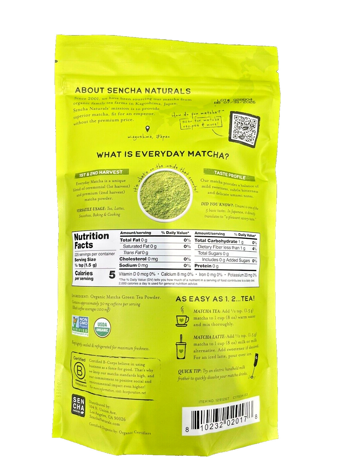 Naturals Everyday Matcha Japanees Green Tea Powder ORGANIC -12(OZ) 225 SERV-NEW