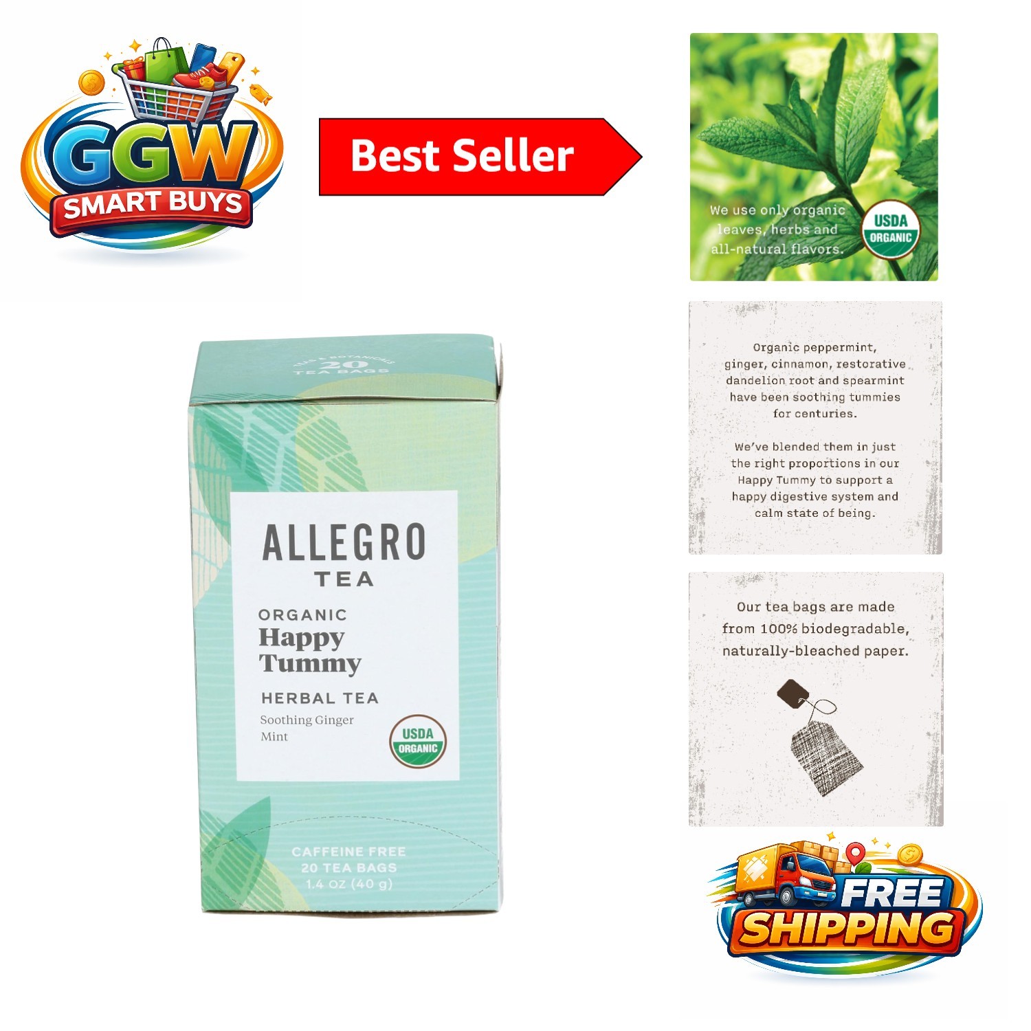 Caffeine-Free Organic Happy Tummy Tea – 20 Count Ginger & Peppermint Bags