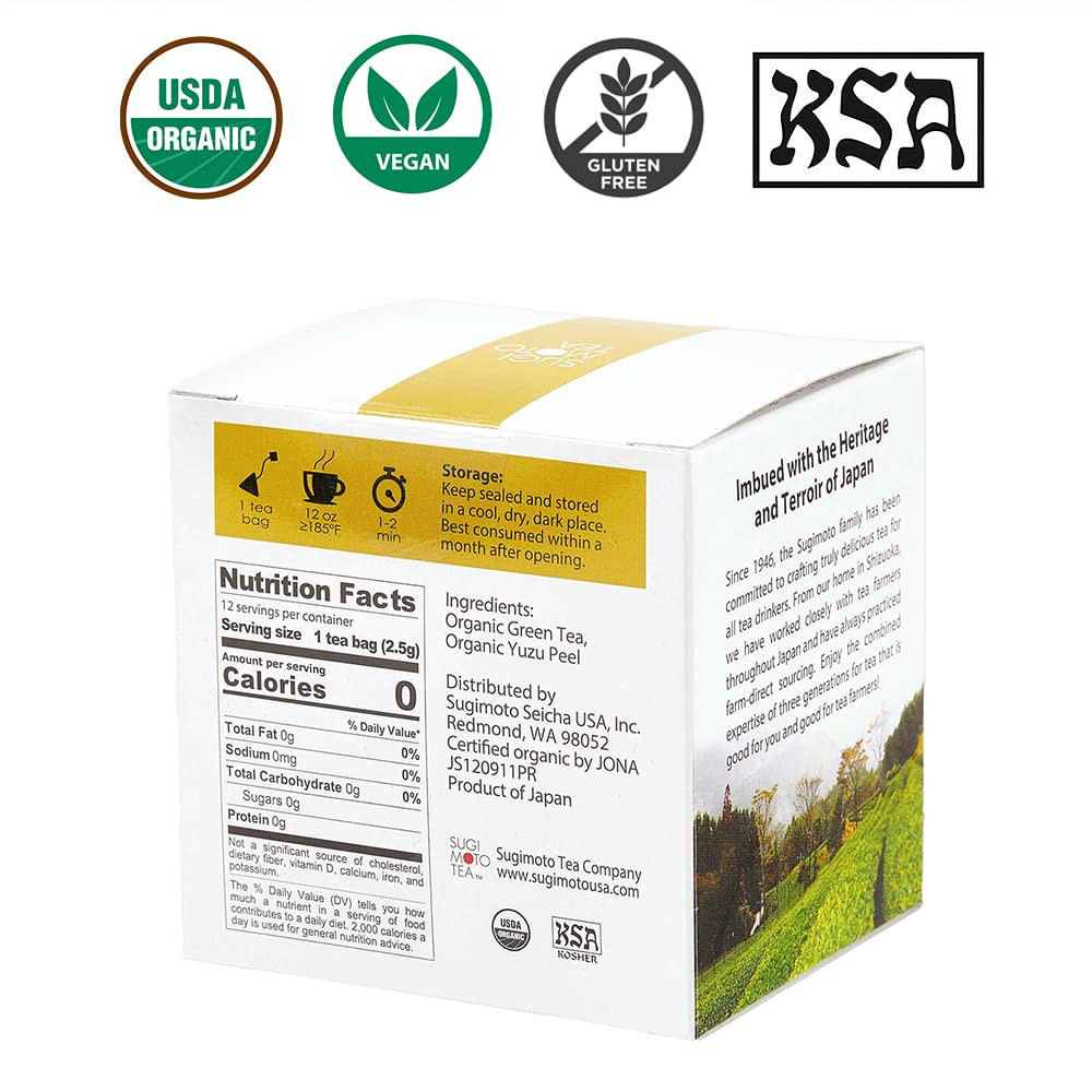Japanese Organic Yuzu Matcha Kukicha Green Tea Bags 12 Count Pack of 1