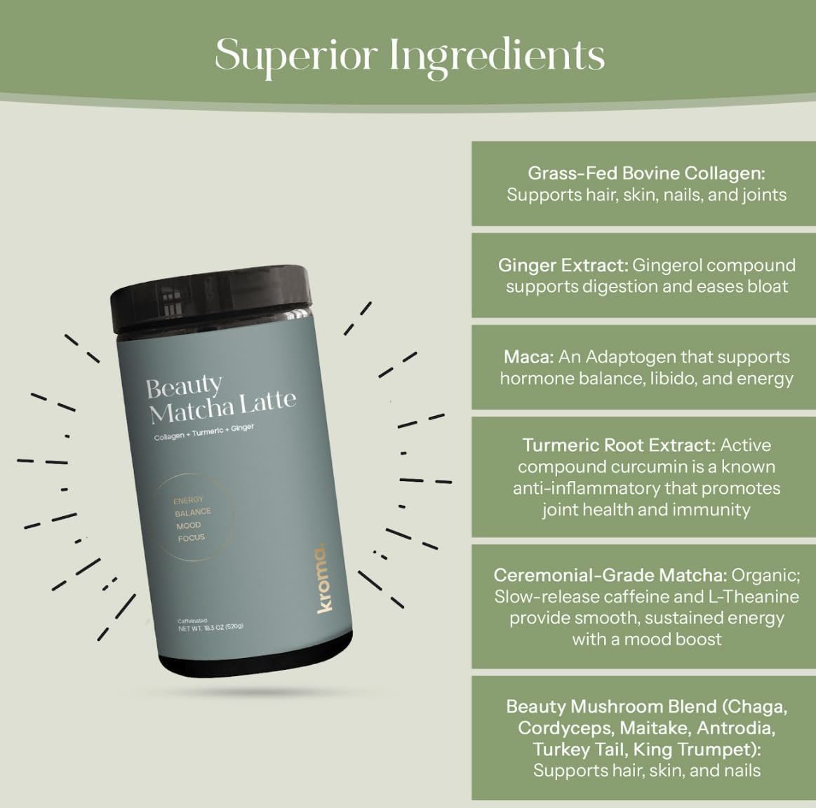 Kroma Beauty Matcha Latte Powder with Collagen & Adaptogens – 60 Servings