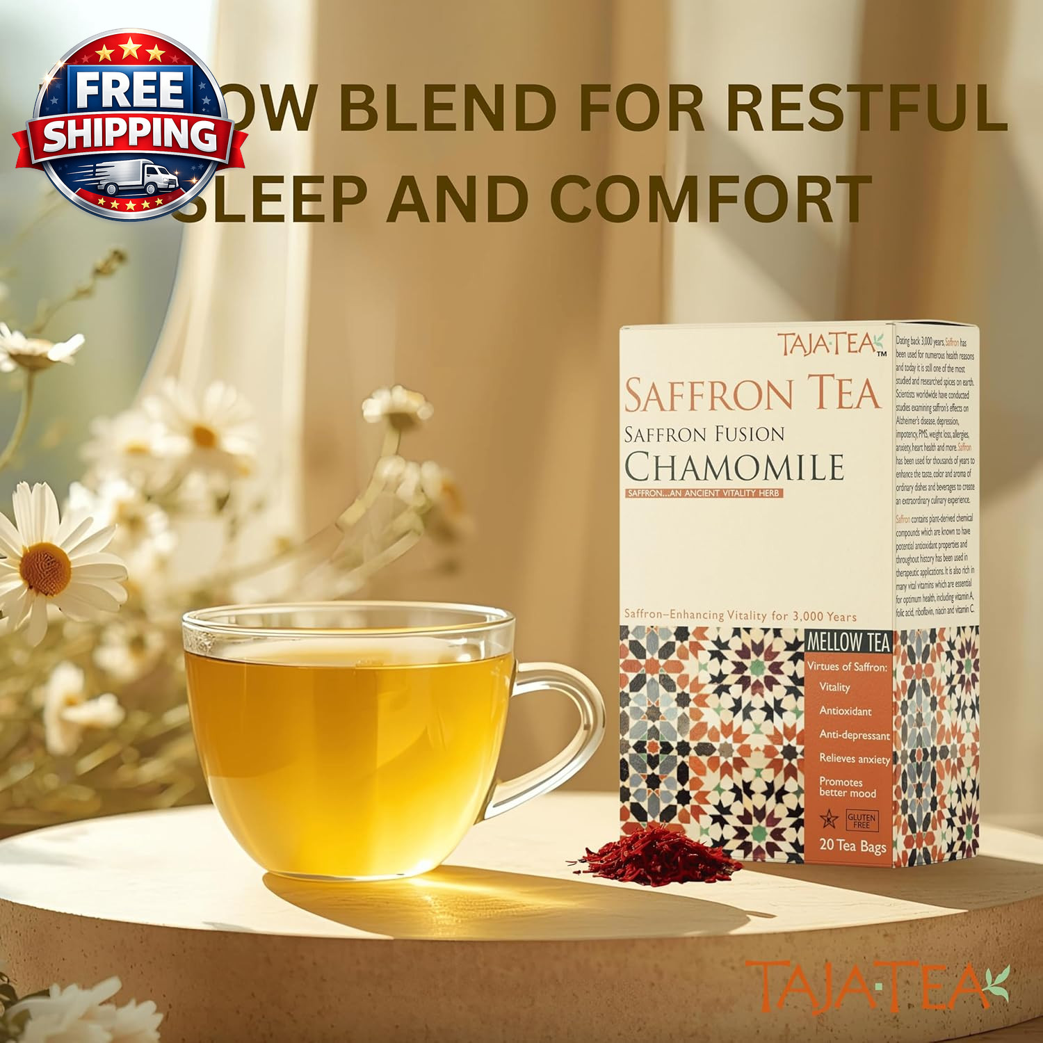 Taja Saffron Tea – Saffron Fusion Chamomile Tea, Mellow Blend for Emotional Well