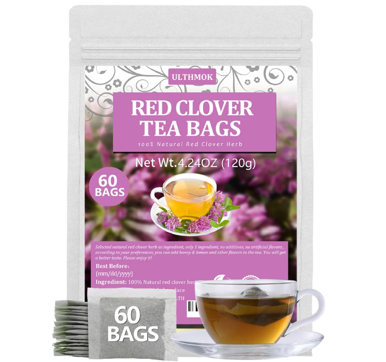 60 Premium Red Clover Tea Bags, Made with 100% Natural Red Clover Flowers & Herb
