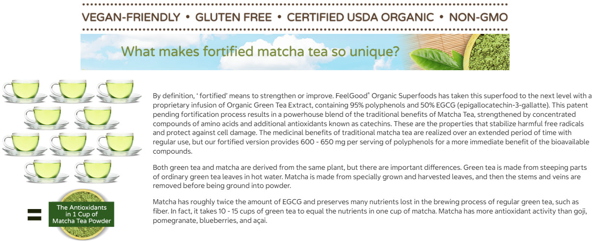 FEELGOOD Organic Matcha Powder 16oz USDA Organic Non-GMO Vegan 151 Servings