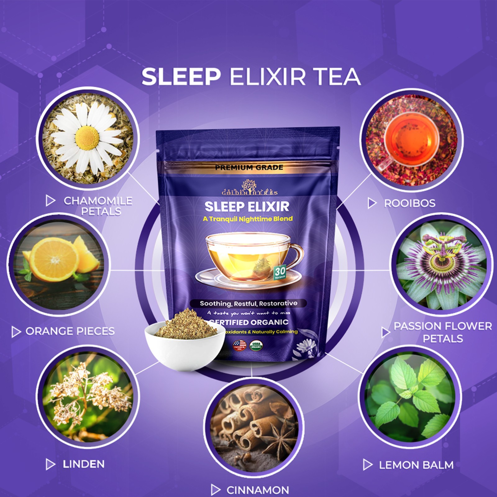 Golden Herbs Sleep Elixir Herbal Tea Relaxing Bedtime Blend with Chamomile