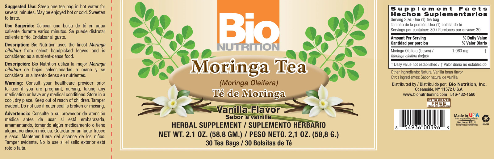 Bio Nutrition – Moringa Vanilla Tea 30 Bags