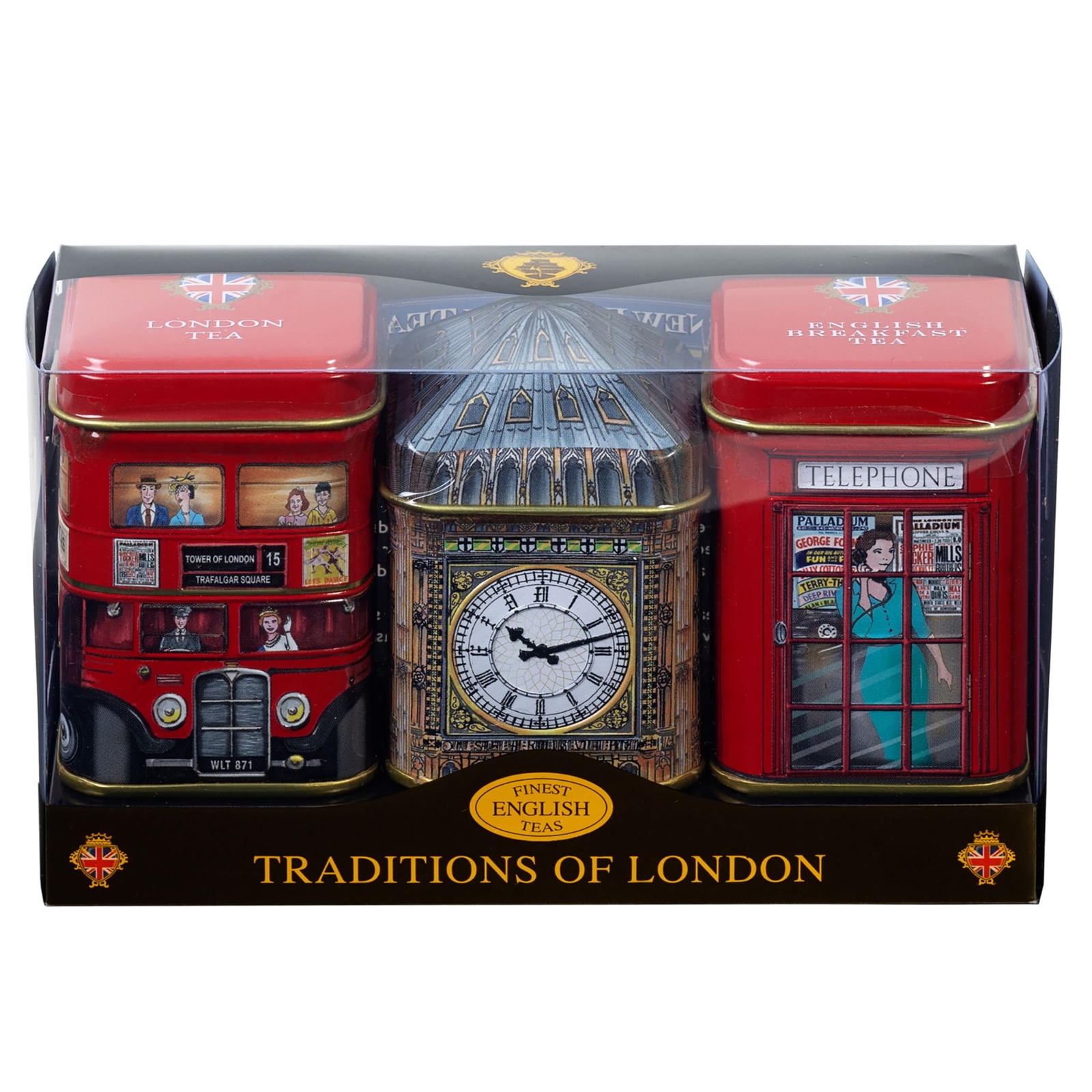 London Icons 3x Mini Tea Tins with Fine English Loose Tea Big Ben Red London …