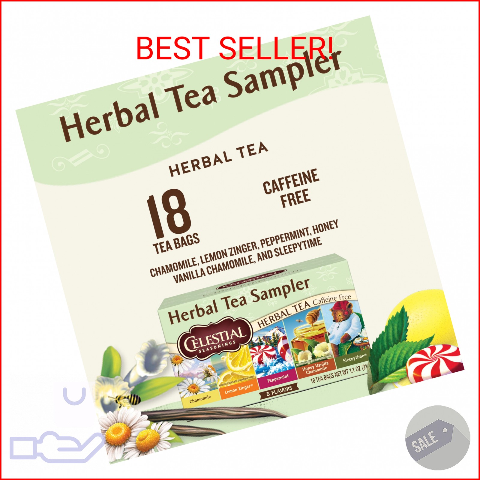 Celestial Seasonings Herbal Tea Sampler Variety Pack, Caffeine Free, 18 Tea Bags