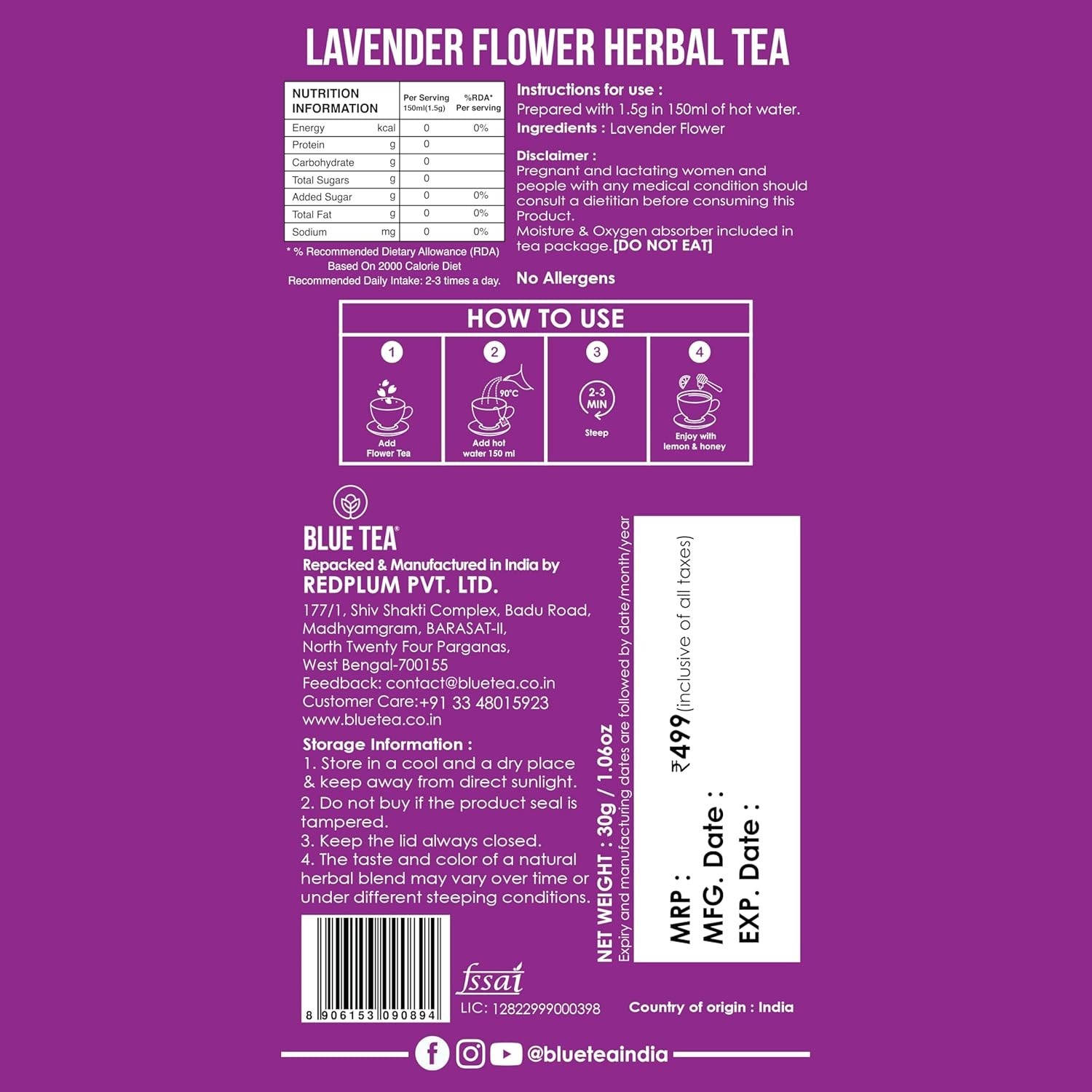BLUE TEA Lavender Flower Tea 30g | Caffeine Free Herbal Flower Tea 30+ Cups FS