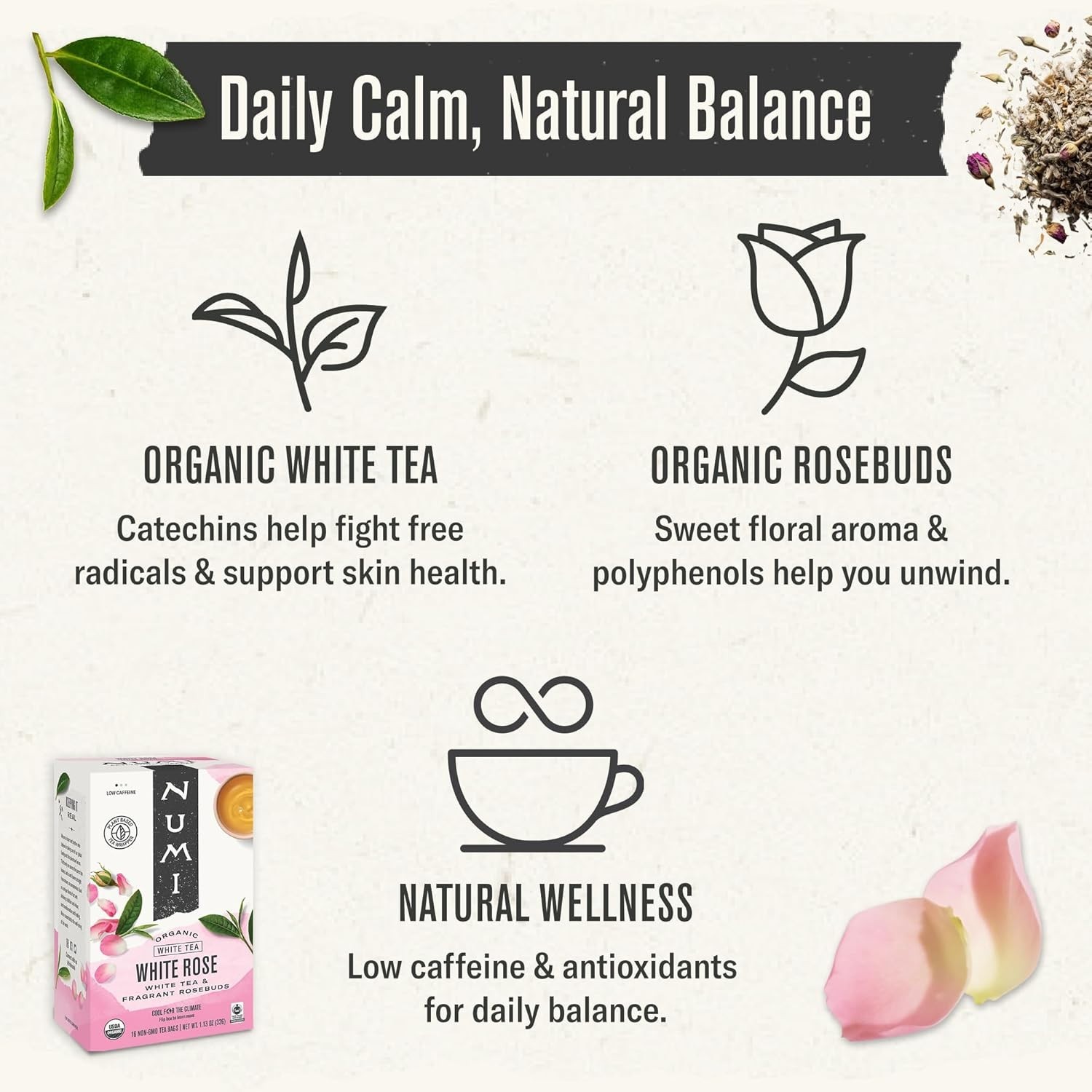 Numi Organic Tea White Rose, 16 Count Box of Tea Bags (Pack of 6) White Tea