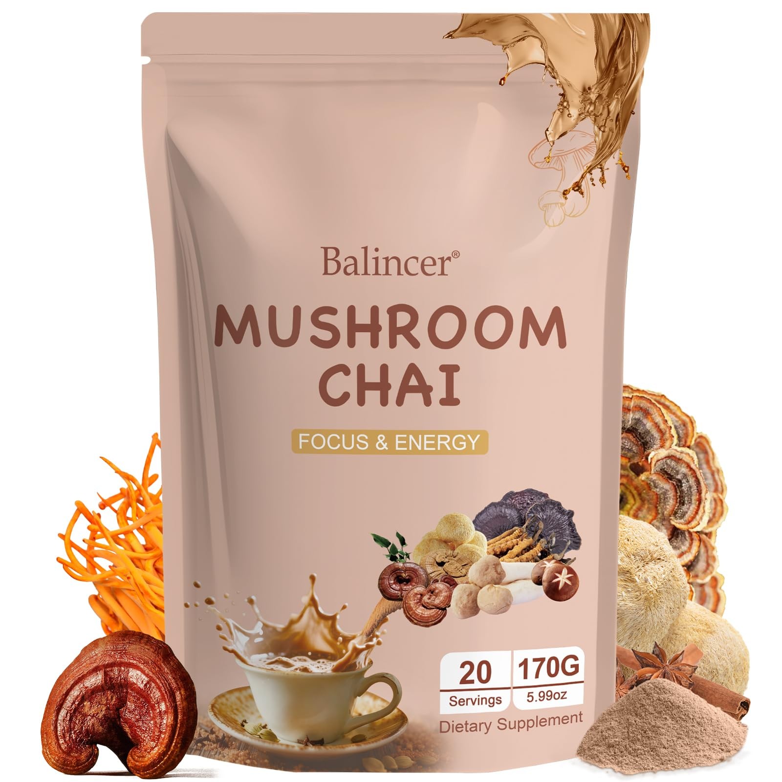 Balincer Mushroom Chai, 6 Adaptogenic Mushrooms Lion’s Mane, Cordyceps, Turke…