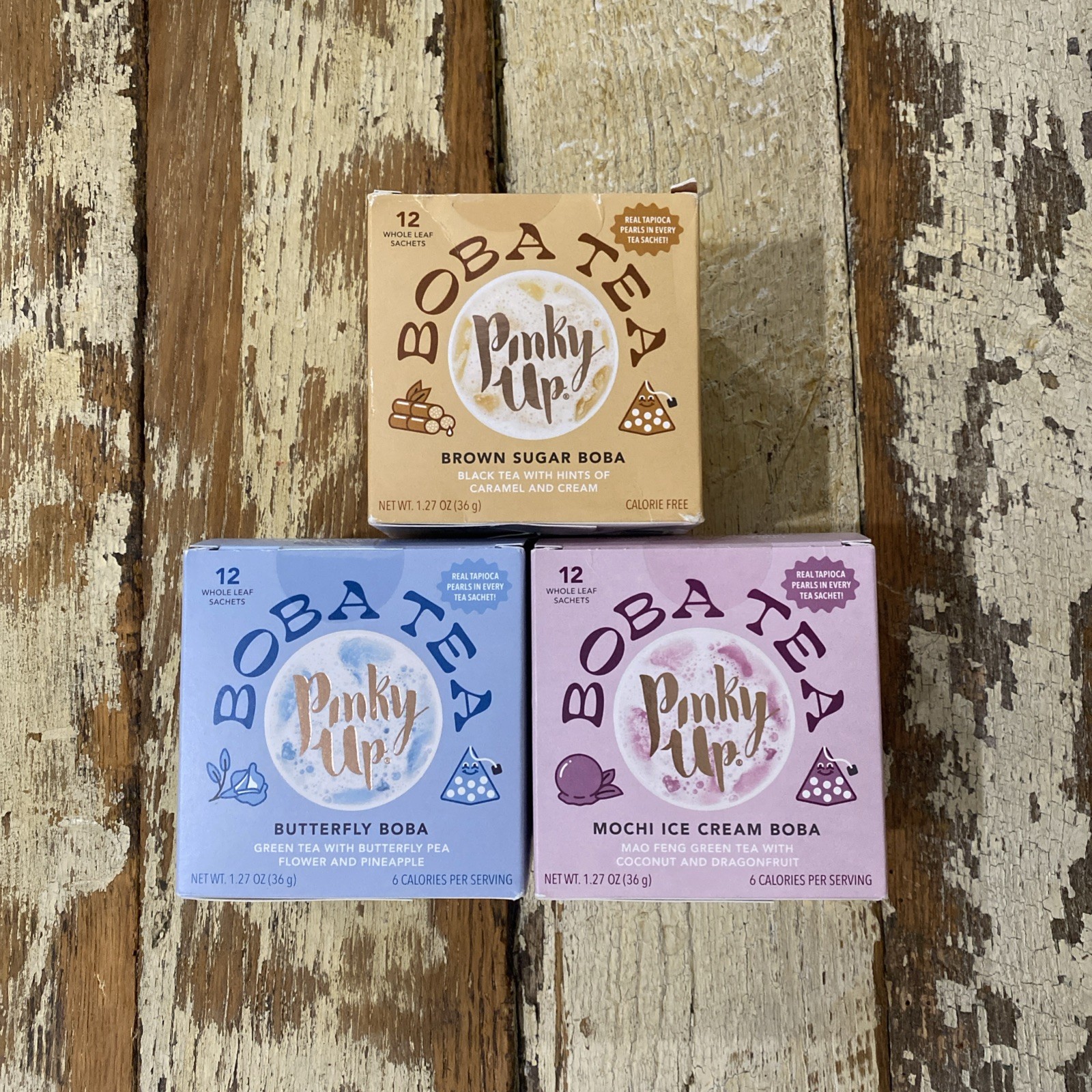 Pinky Up Boba Tea Brown Sugar, Butterfly, Mochi Ice Cream 36 Sachets Total 5/26+