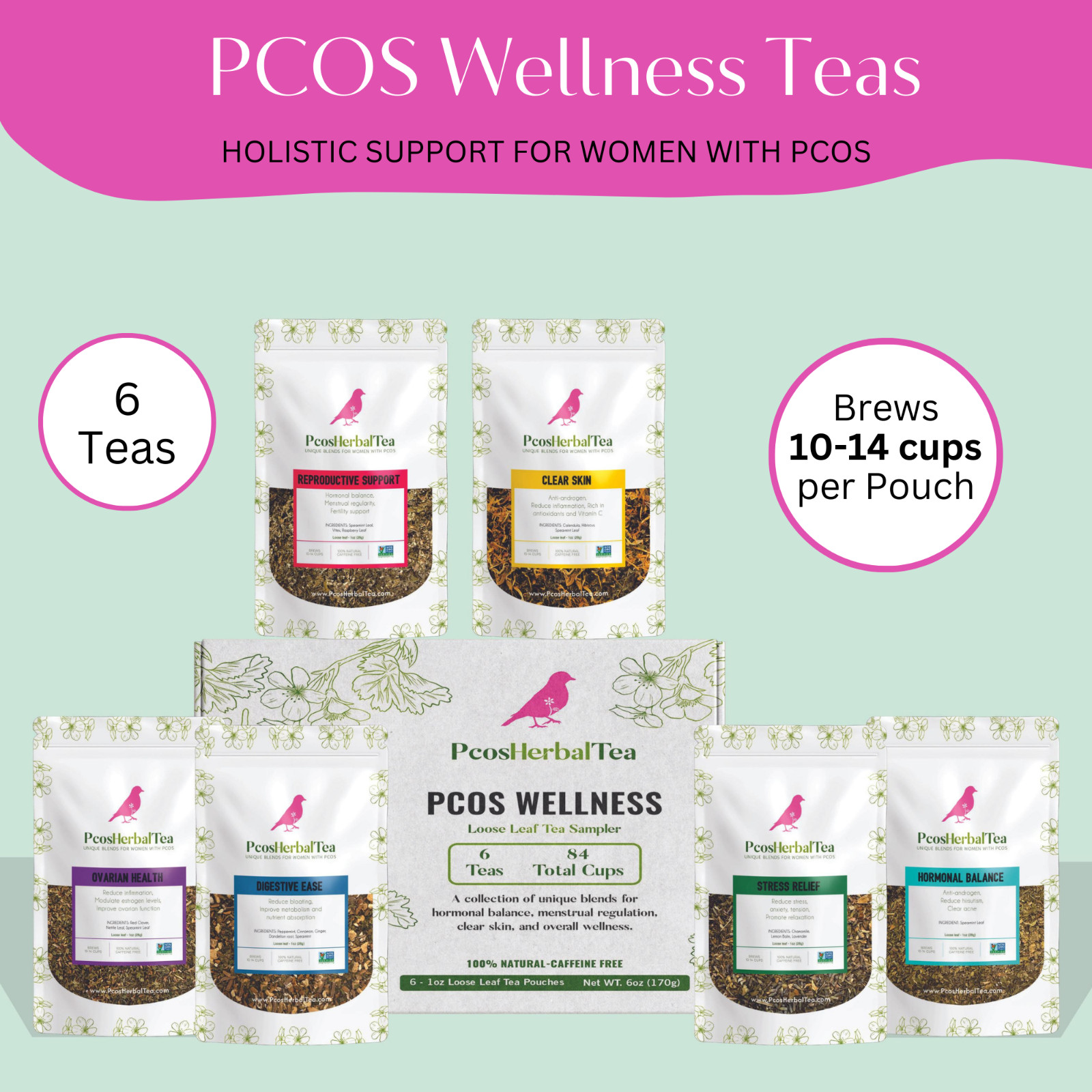 PCOS Teas -6 Loose Leaf Blends for Hormonal Balance, Reproductive Ovarian Health