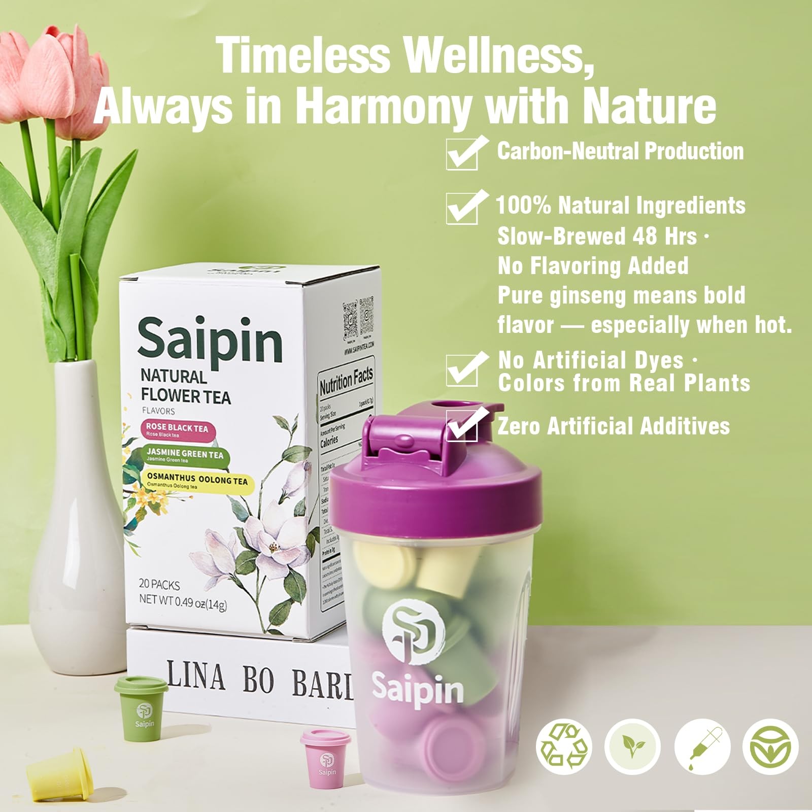 SAIPIN Herbal Tea,3 Assorted Flavors, Jasmine/Rose/Osmanthus Flower,20 Pack,N…