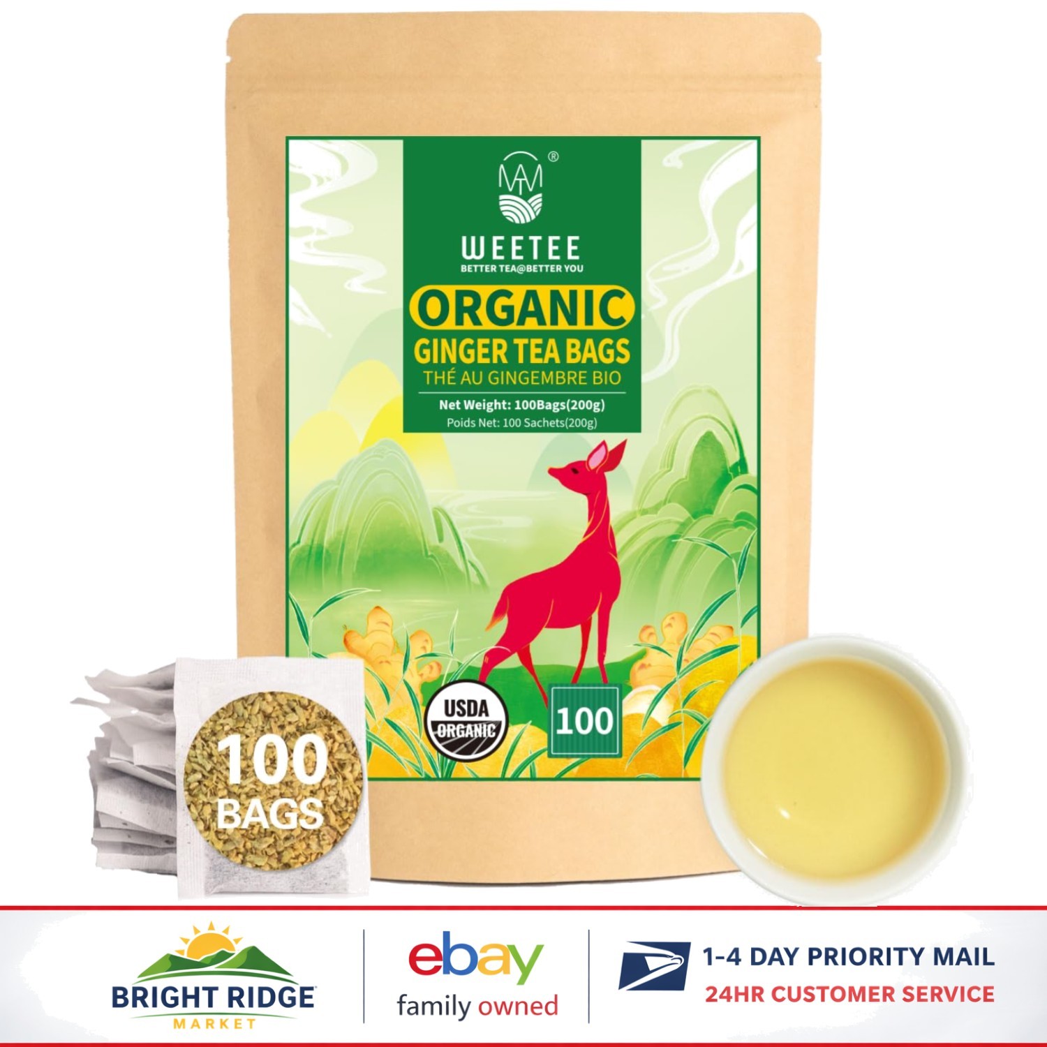 Caffeine Free Ginger Tea, 100 Count Organic Bags for Nutritional Benefits