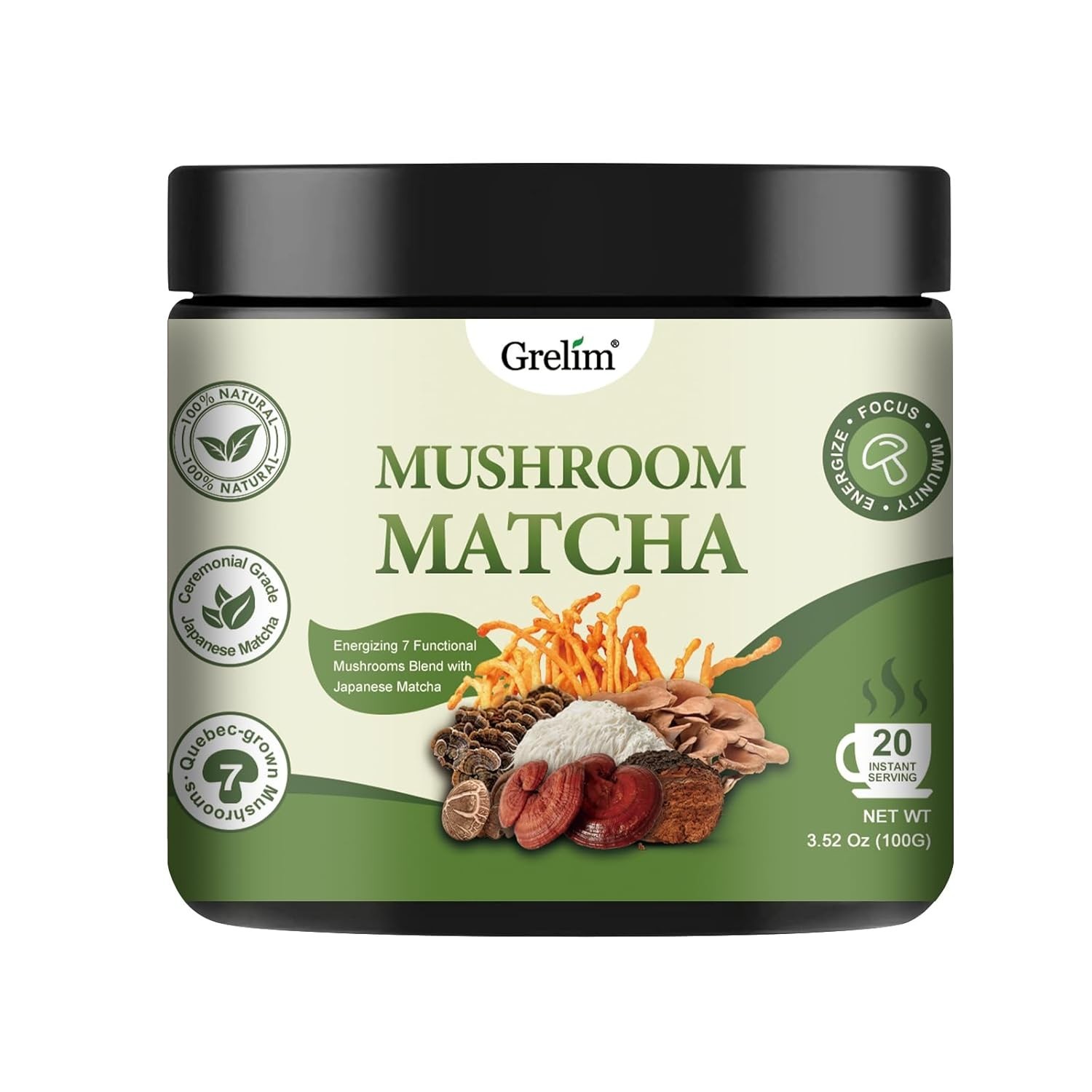 3.52 Oz, Grelim Mushroom Matcha Infused With 7 Superfood Mushrooms, MCT Oil