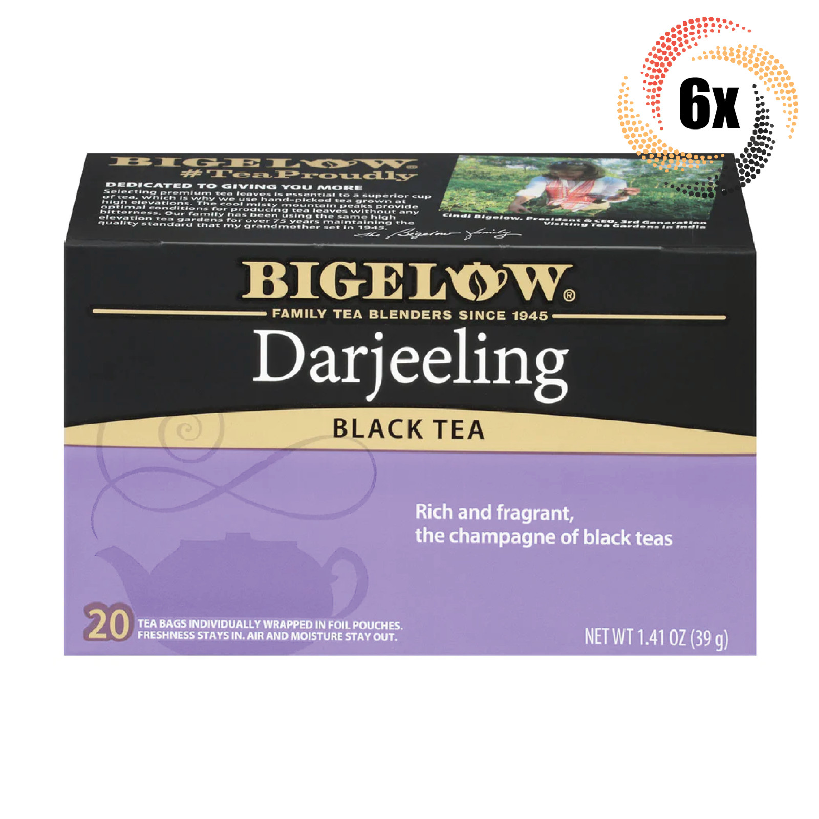 6x Boxes Bigelow Darjeeling Natural Black Tea | 20 Pouches Per Box | 1.41oz