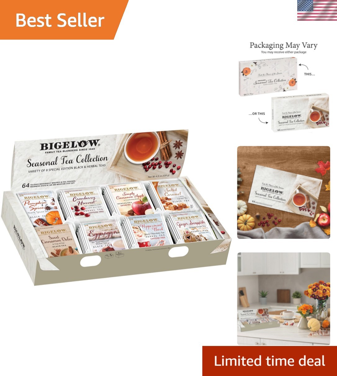 Luxurious Caffeine Tea Collection – 64 Count Gift Set of Seasonal Flavors