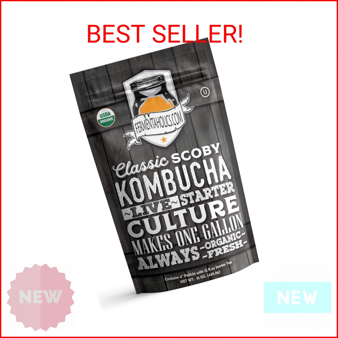 Fermentaholics ORGANIC Kombucha SCOBY With Twelve Ounces of Starter Tea – Live S