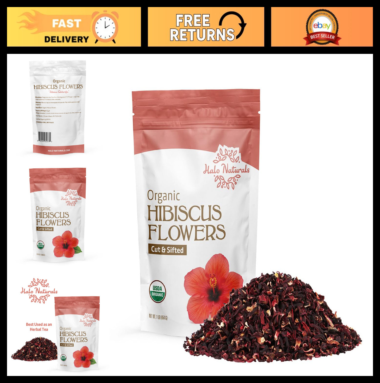Organic Hibiscus Flowers Cut & Sifted 1 lb – USDA Certified, Resealable Pouch