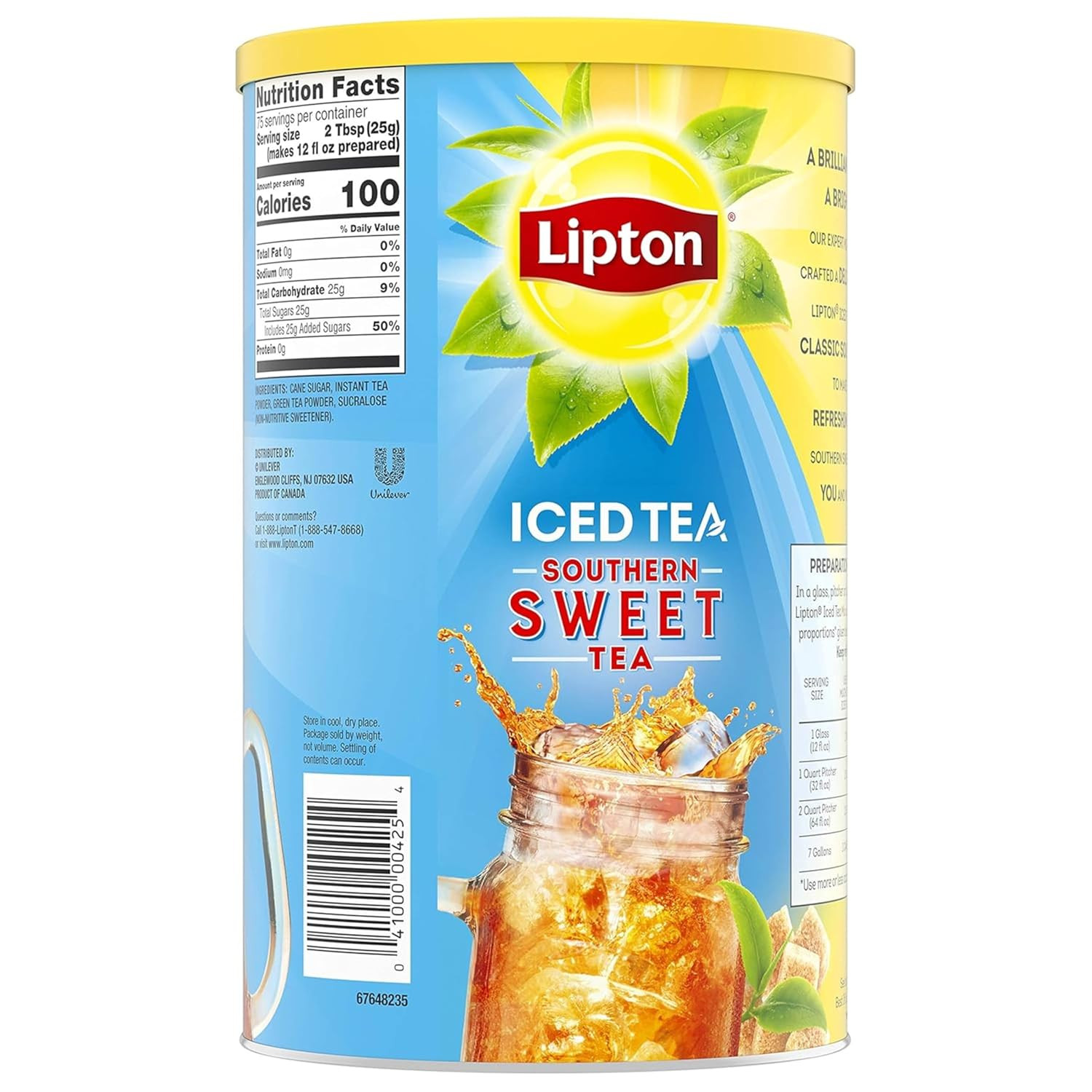 Lipton Southern Sweet Iced Tea Mix, makes 28 Quarts, Sweetened Black Tea Powder,