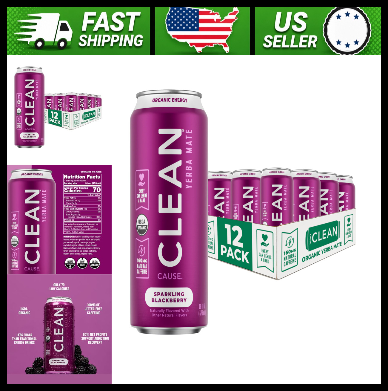CLEAN Cause Blackberry Yerba Mate Sparkling Tea 12-Pack 16oz Cans