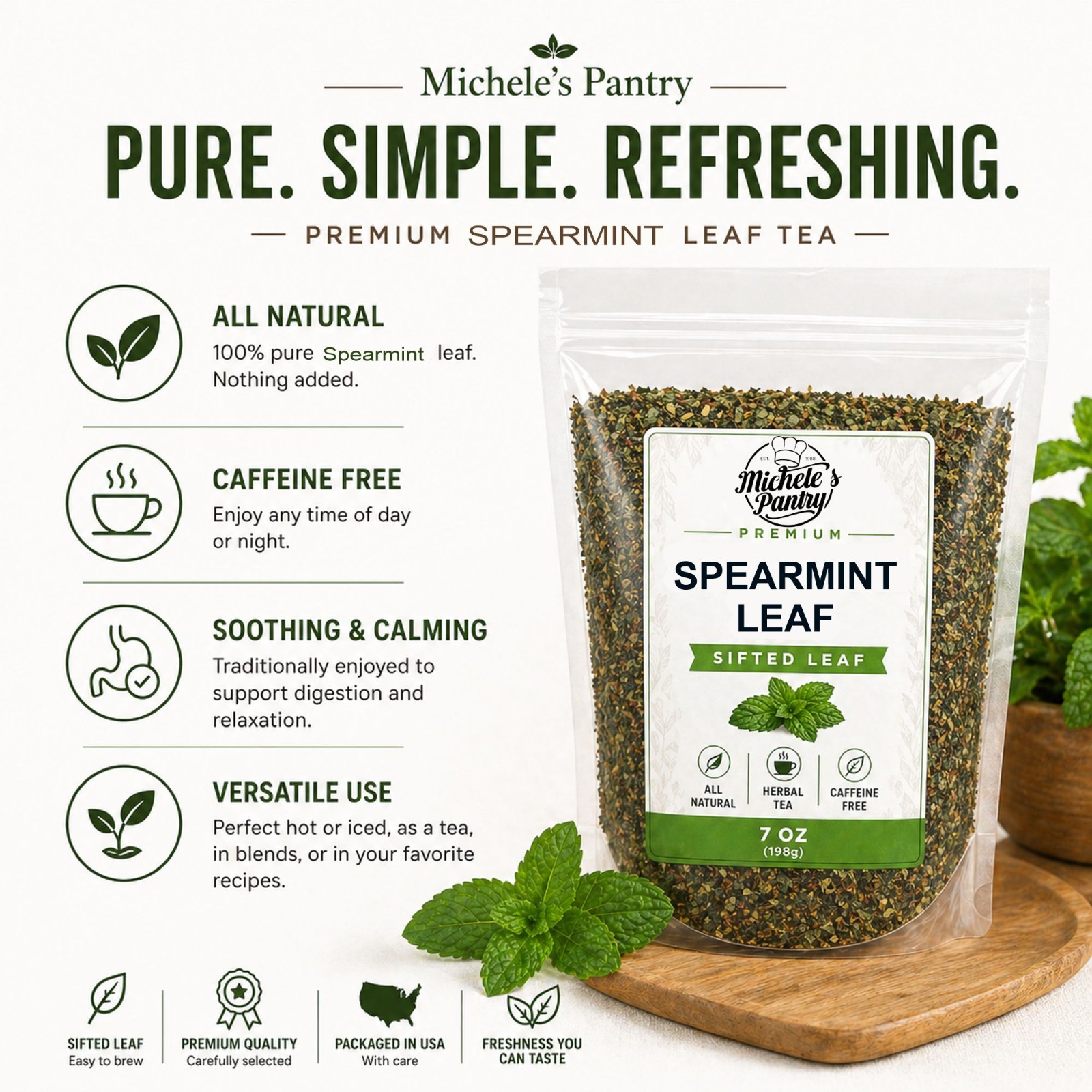 Michele’s Pantry Spearmint Herb Leaf, Sifted Leaf, 7 oz Bag