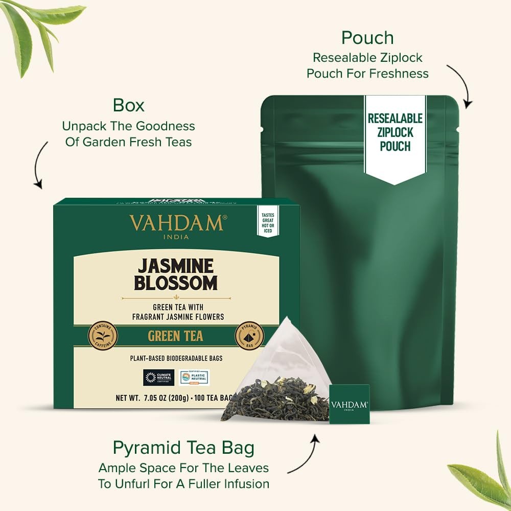 VAHDAM, Jasmine Green Tea Bags (100 Count) Med 100 Count (Pack of 1)