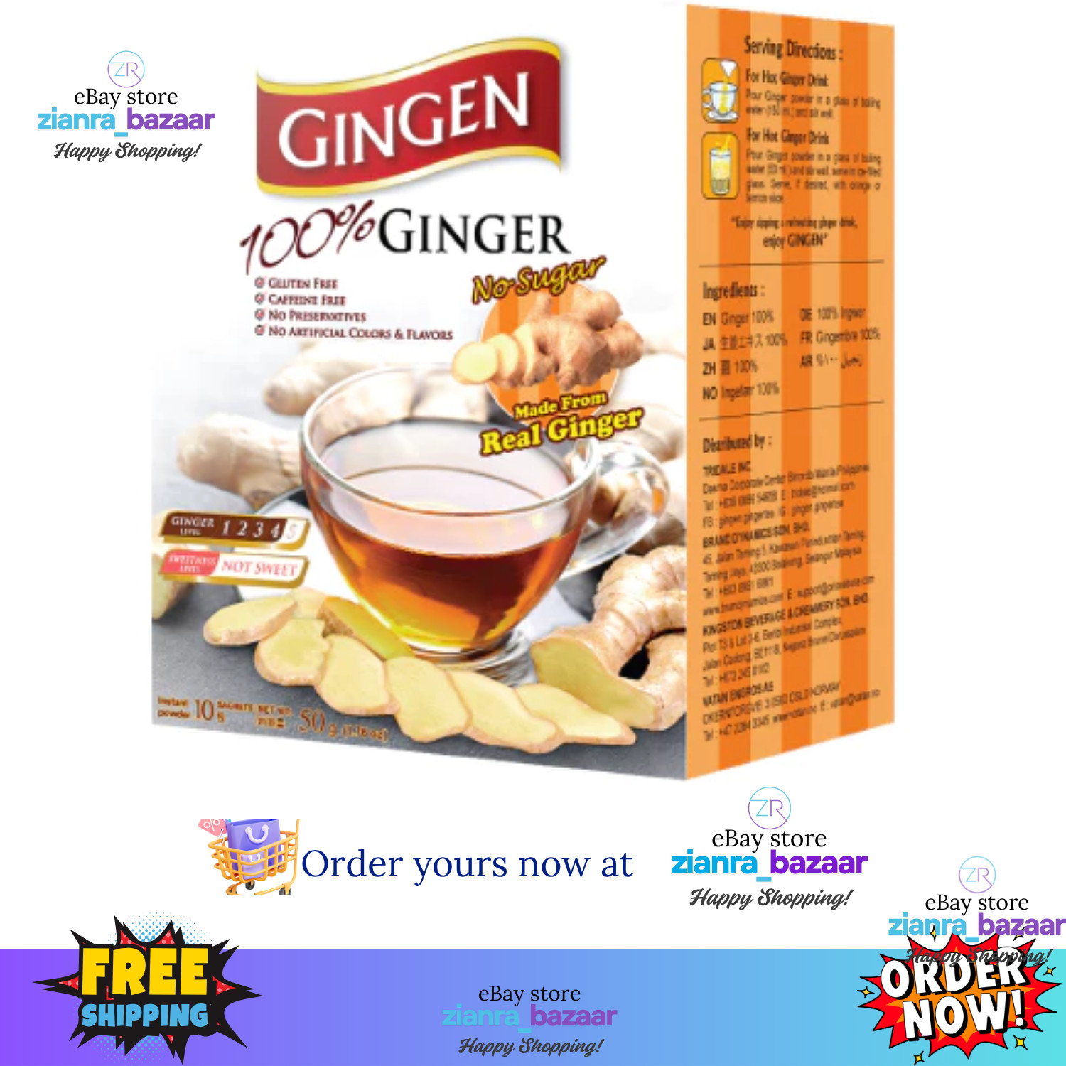 Gingen Instant Ginger Tea Caffeine Free Gluten Free 10 Sachets x5g Free Shipping
