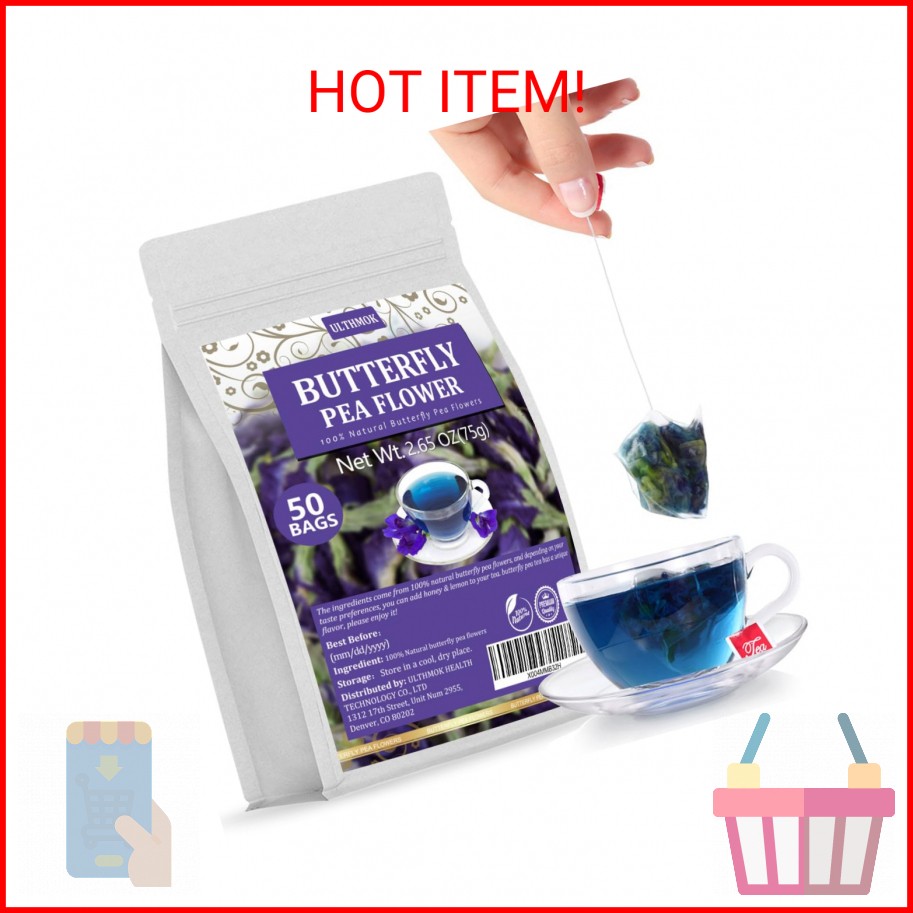 50 Premium Butterfly Pea Flower Tea Bags, Made with 100% Natural Butterfly Pea F