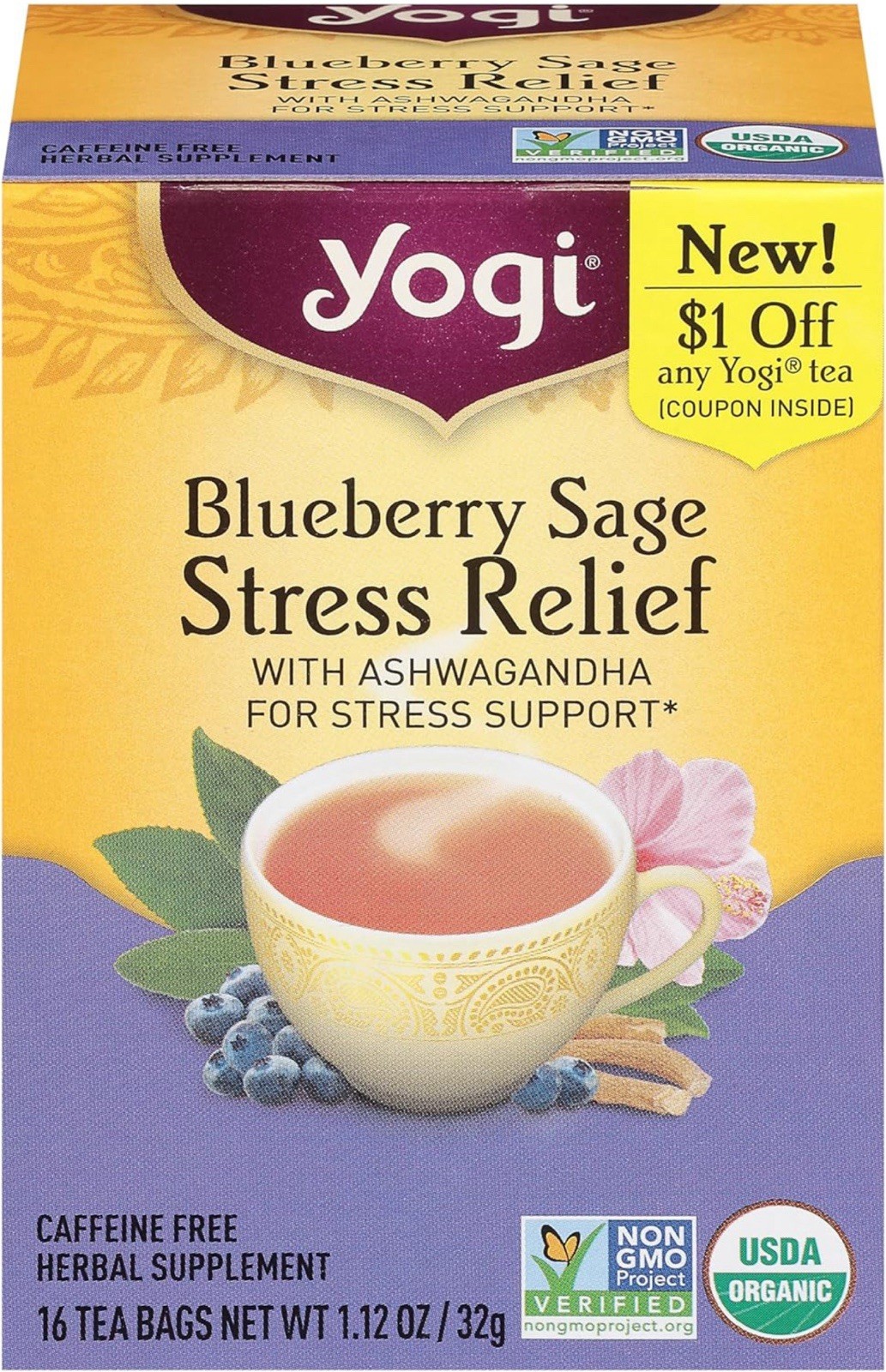 Yogi Tea Blueberry Sage Stress Relief Caffeine-Free Herbal Tea Bags 16 Count