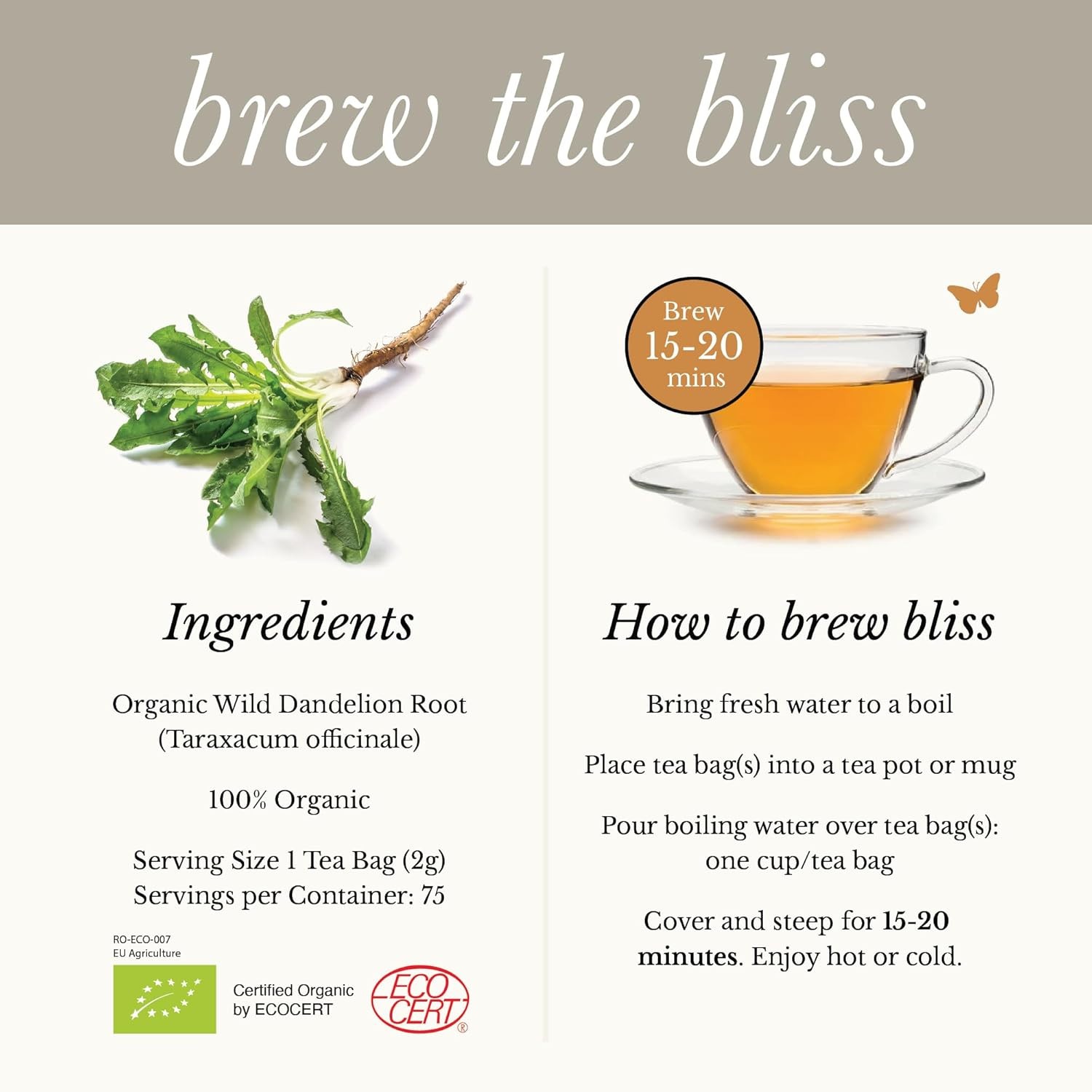 Wild Bliss Organic Dandelion Root Tea, Caffeine-Free, 75 Bags